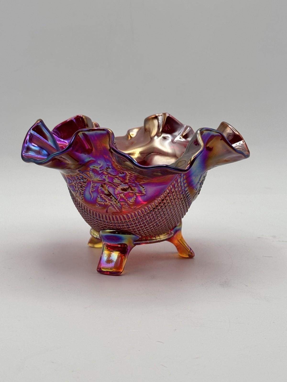 Vintage Fenton Footed Bowl Ruby Carnival Glass Ruffled Manufacture FLAW READ‼️