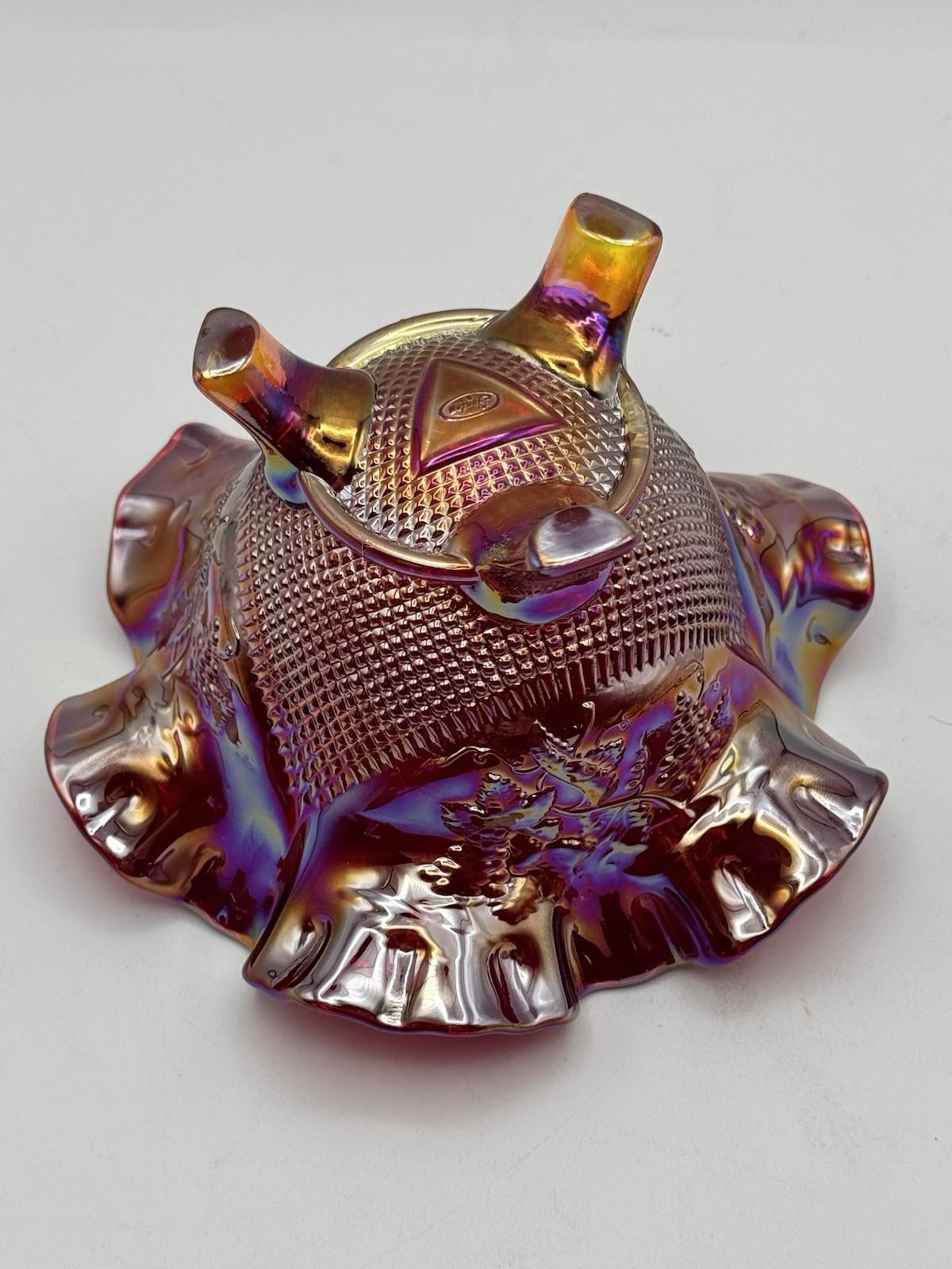 Vintage Fenton Footed Bowl Ruby Carnival Glass Ruffled Manufacture FLAW READ‼️
