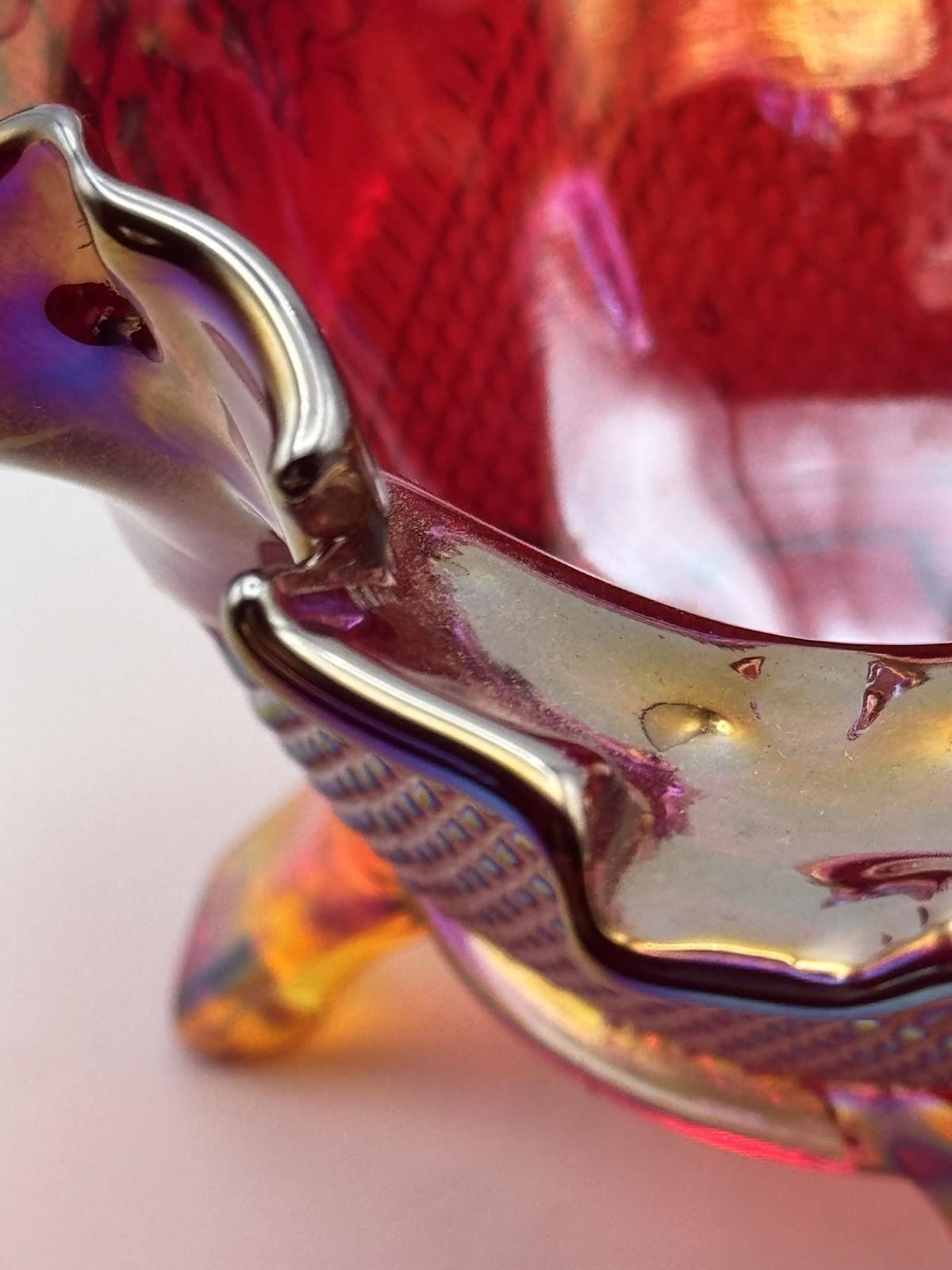 Vintage Fenton Footed Bowl Ruby Carnival Glass Ruffled Manufacture FLAW READ‼️