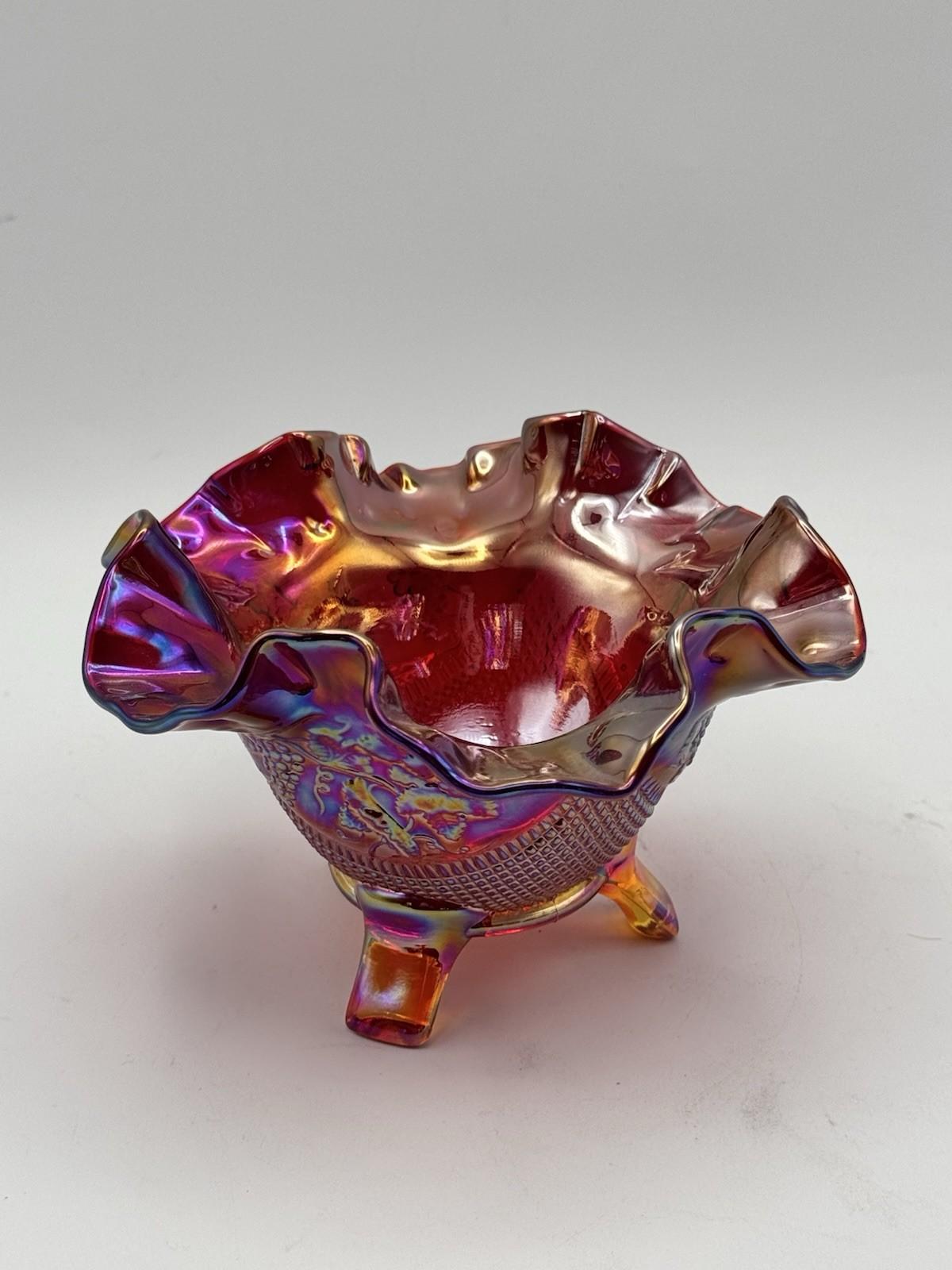 Vintage Fenton Footed Bowl Ruby Carnival Glass Ruffled Manufacture FLAW READ‼️