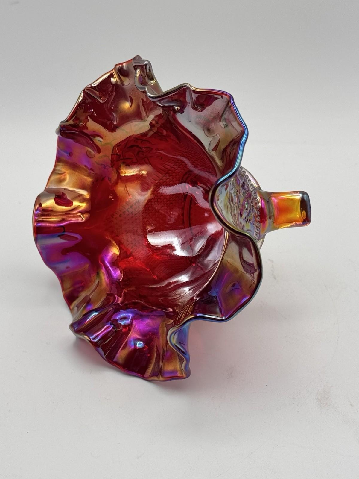 Vintage Fenton Footed Bowl Ruby Carnival Glass Ruffled Manufacture FLAW READ‼️