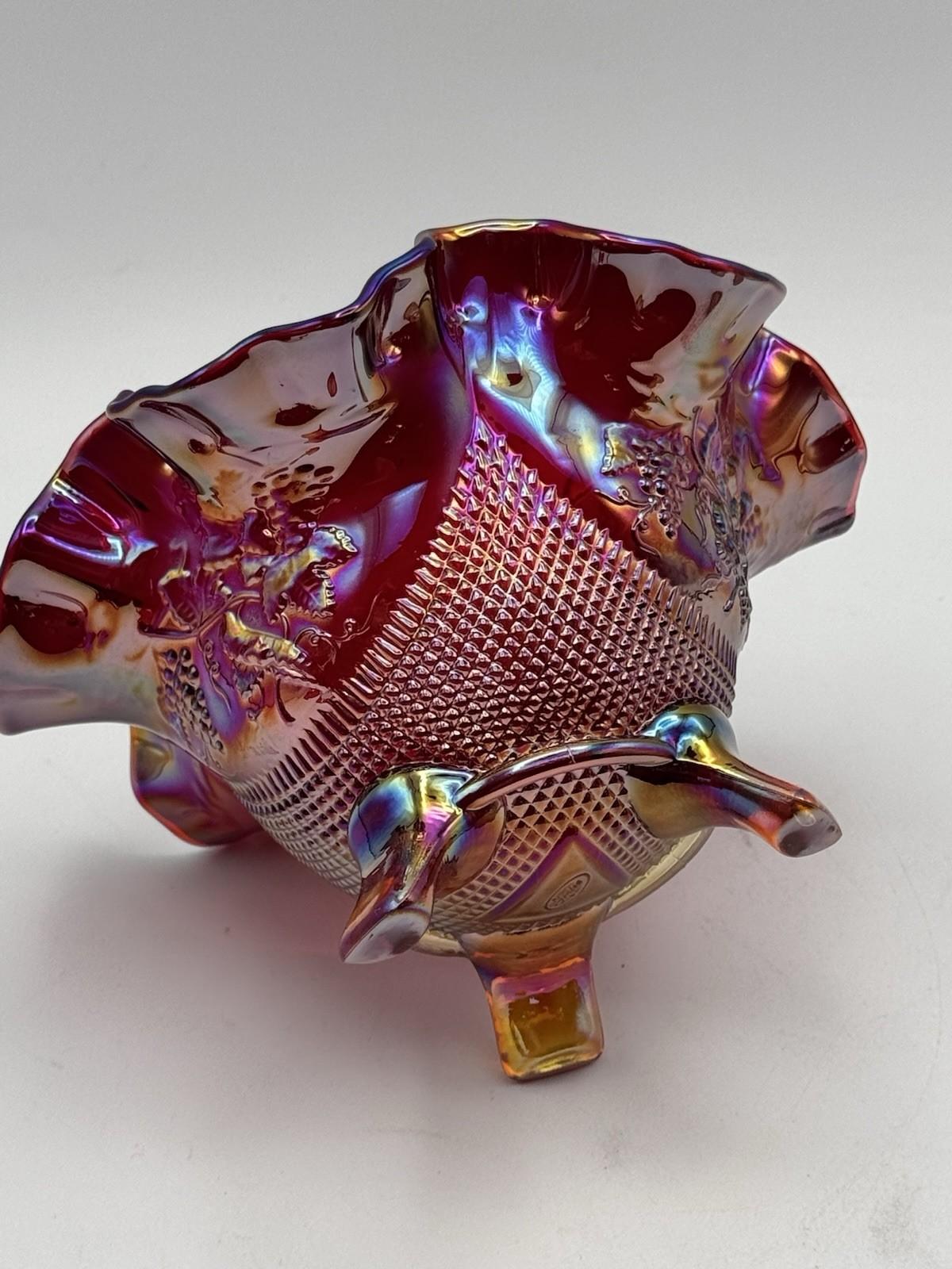 Vintage Fenton Footed Bowl Ruby Carnival Glass Ruffled Manufacture FLAW READ‼️