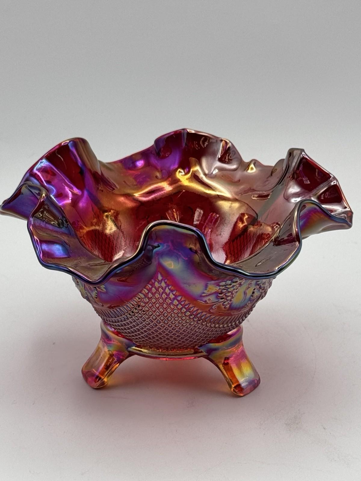 Vintage Fenton Footed Bowl Ruby Carnival Glass Ruffled Manufacture FLAW READ‼️