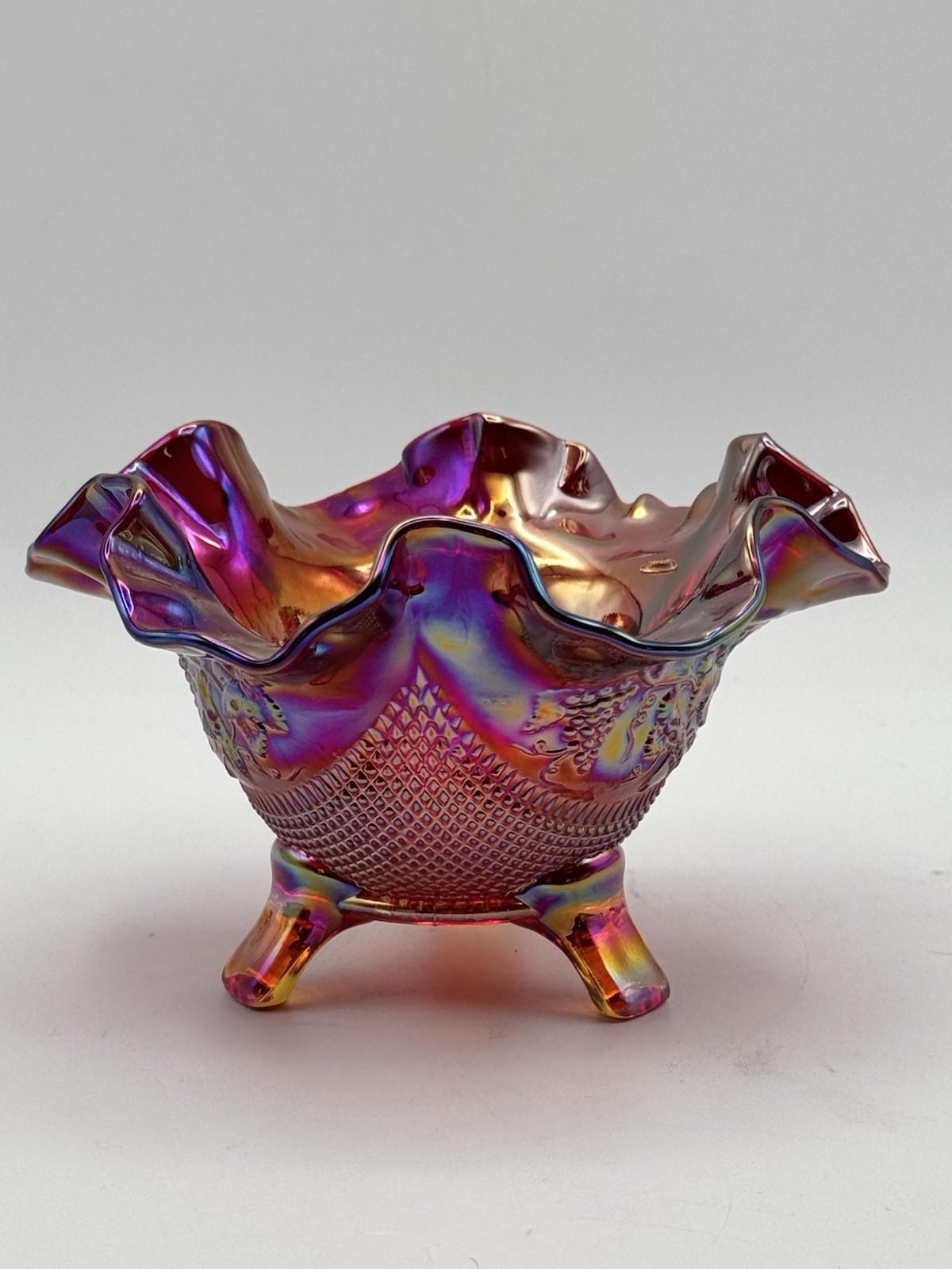 Vintage Fenton Footed Bowl Ruby Carnival Glass Ruffled Manufacture FLAW READ‼️