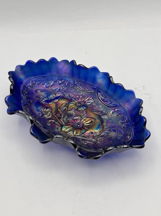 Vintage Carnival Glass Dish Cobalt Blue Poppy Ruffled Floral 8”l