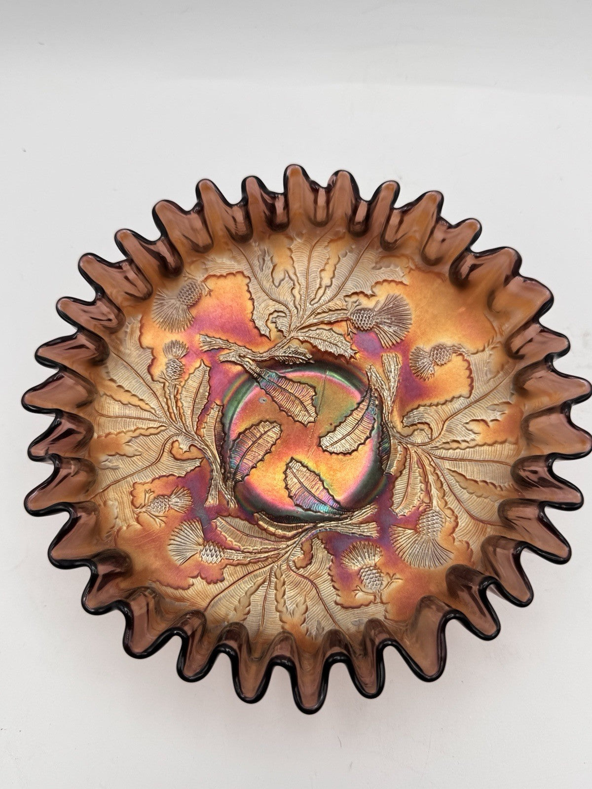 FENTON CARNIVAL GLASS THISTLE PURPLE AMETHYST 8" DIAMETER DOUBLE CRIMPED BOWL!