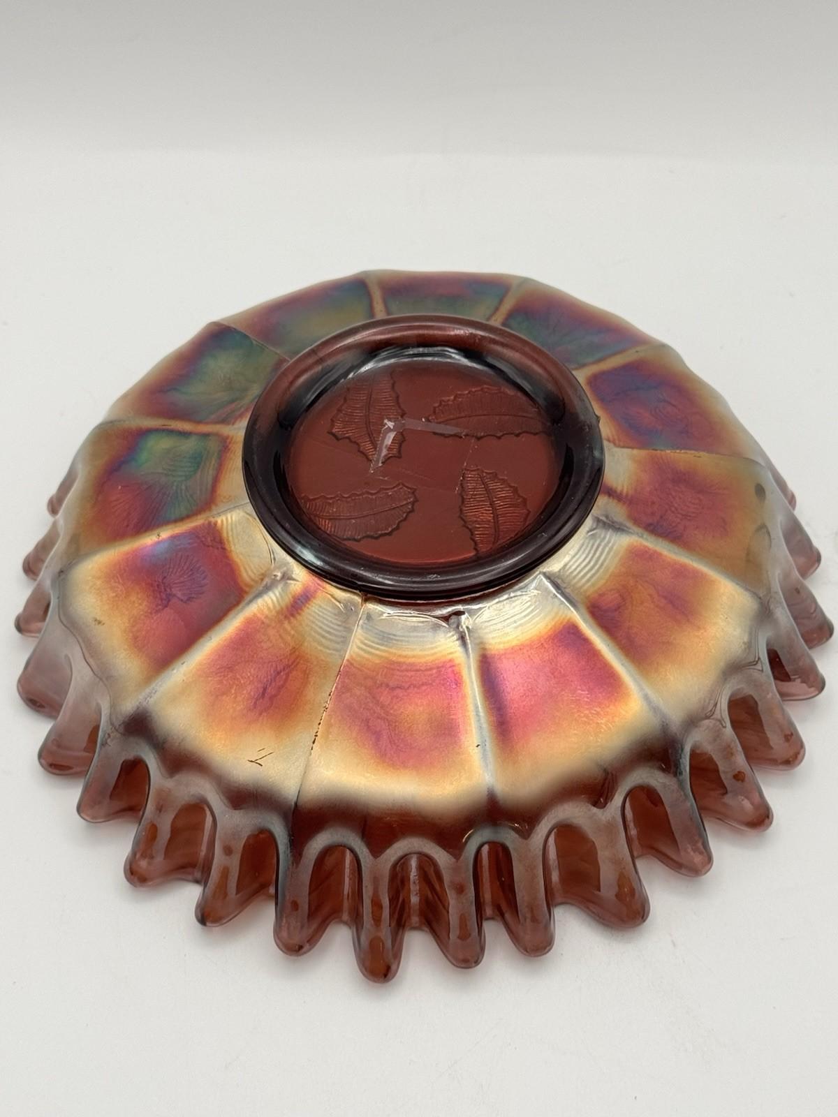 FENTON CARNIVAL GLASS THISTLE PURPLE AMETHYST 8" DIAMETER DOUBLE CRIMPED BOWL!