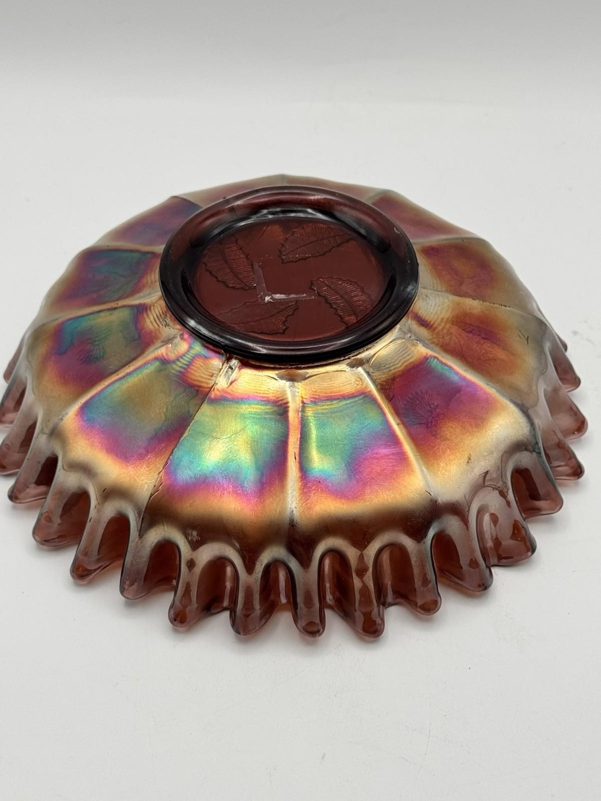 FENTON CARNIVAL GLASS THISTLE PURPLE AMETHYST 8" DIAMETER DOUBLE CRIMPED BOWL!