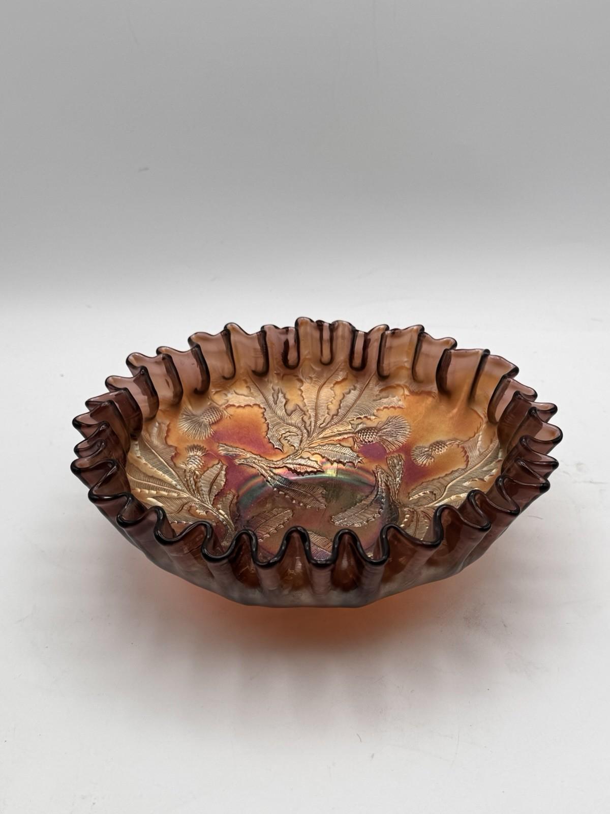 FENTON CARNIVAL GLASS THISTLE PURPLE AMETHYST 8" DIAMETER DOUBLE CRIMPED BOWL!