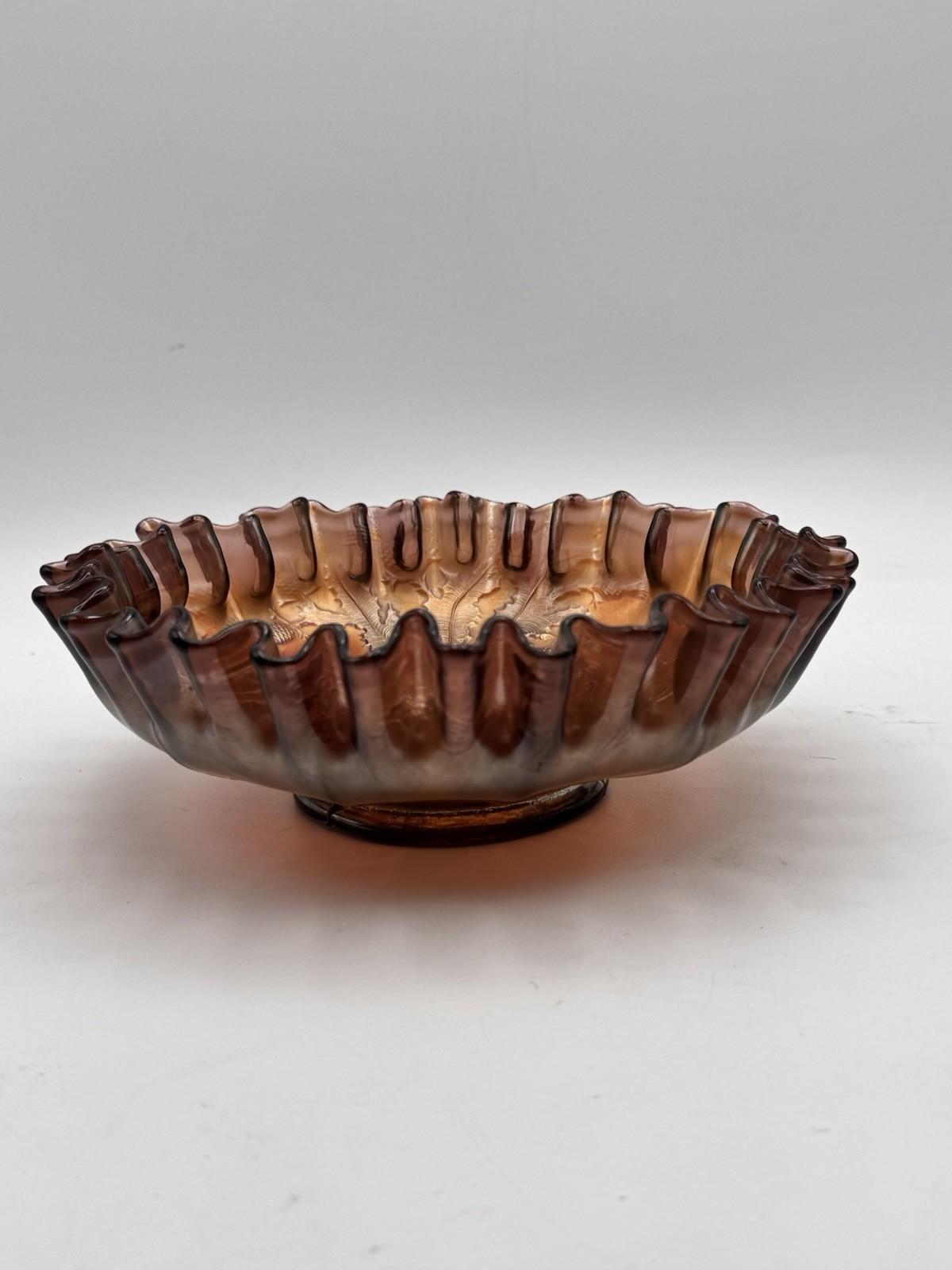 FENTON CARNIVAL GLASS THISTLE PURPLE AMETHYST 8" DIAMETER DOUBLE CRIMPED BOWL!