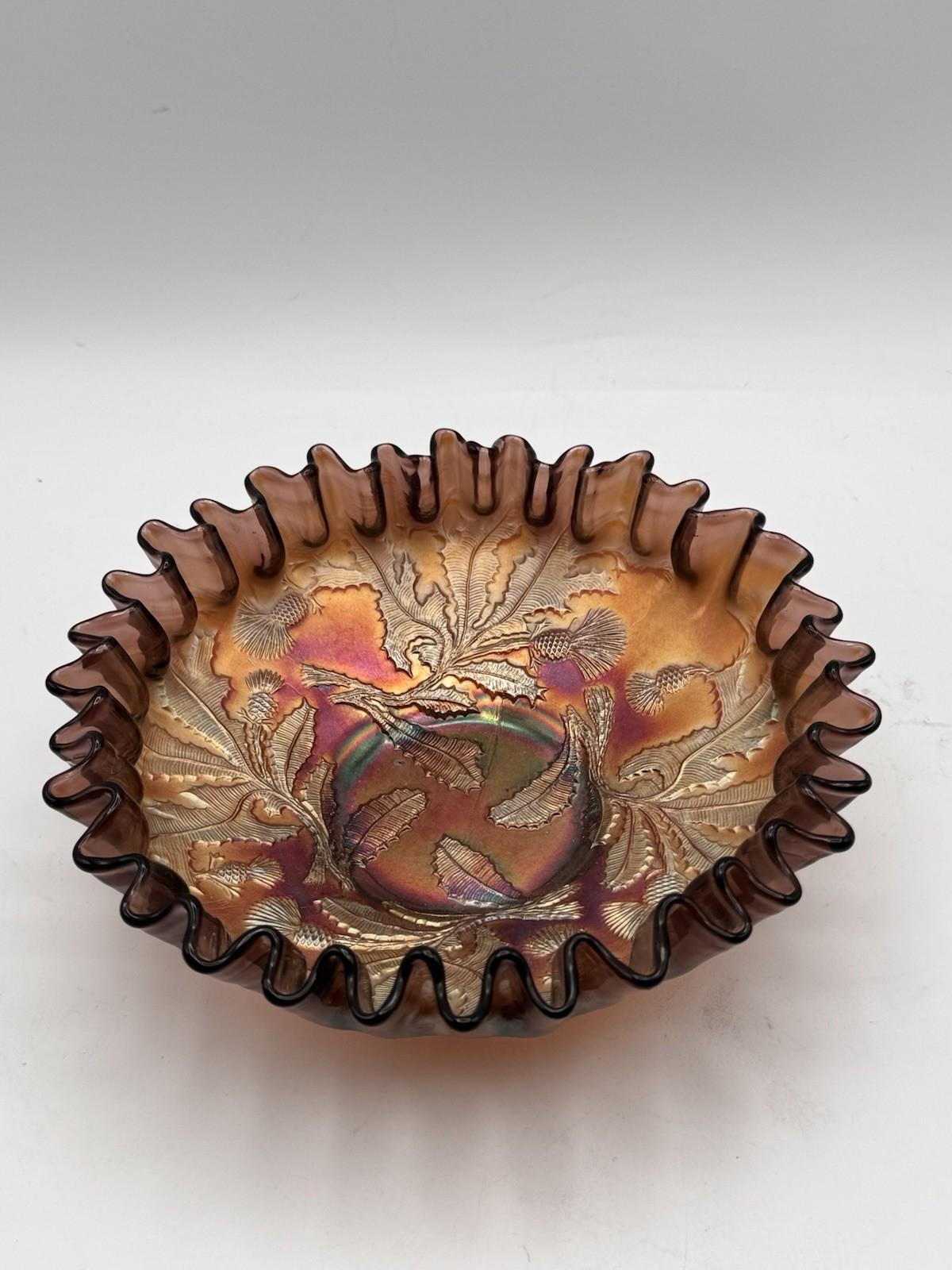 FENTON CARNIVAL GLASS THISTLE PURPLE AMETHYST 8" DIAMETER DOUBLE CRIMPED BOWL!