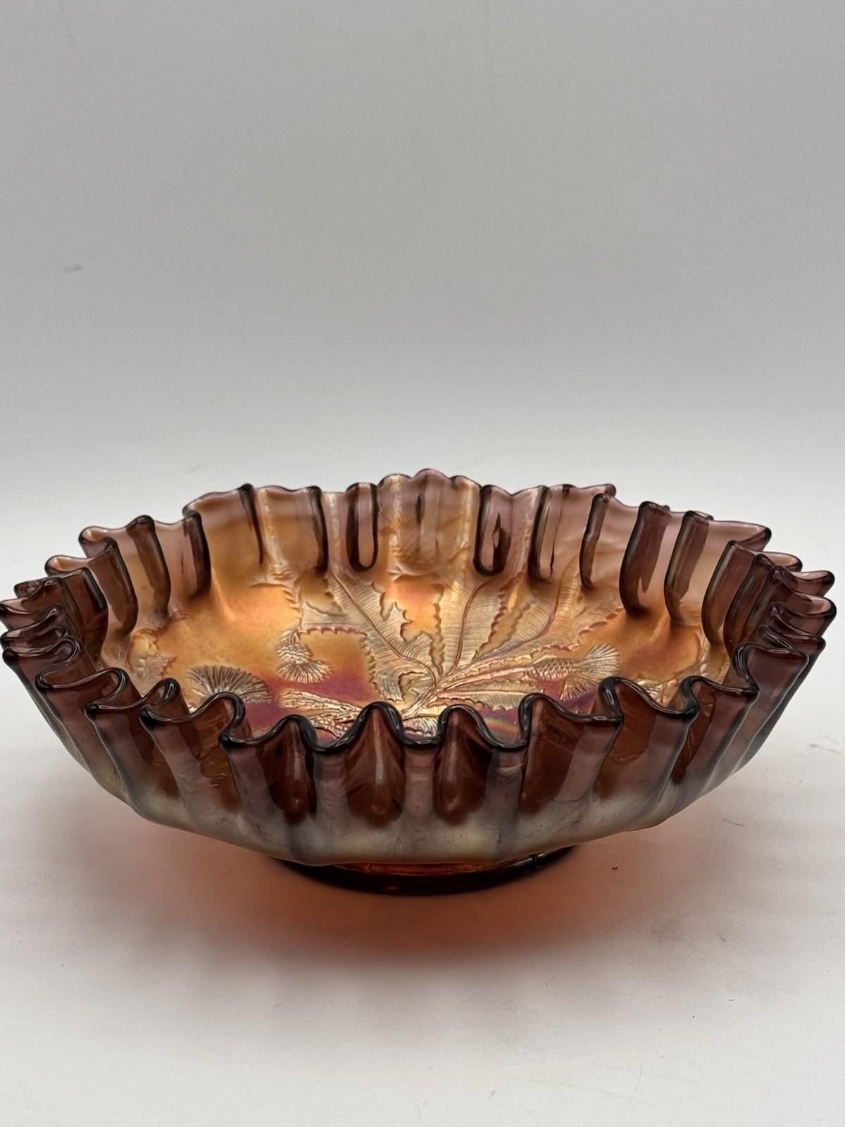 FENTON CARNIVAL GLASS THISTLE PURPLE AMETHYST 8" DIAMETER DOUBLE CRIMPED BOWL!
