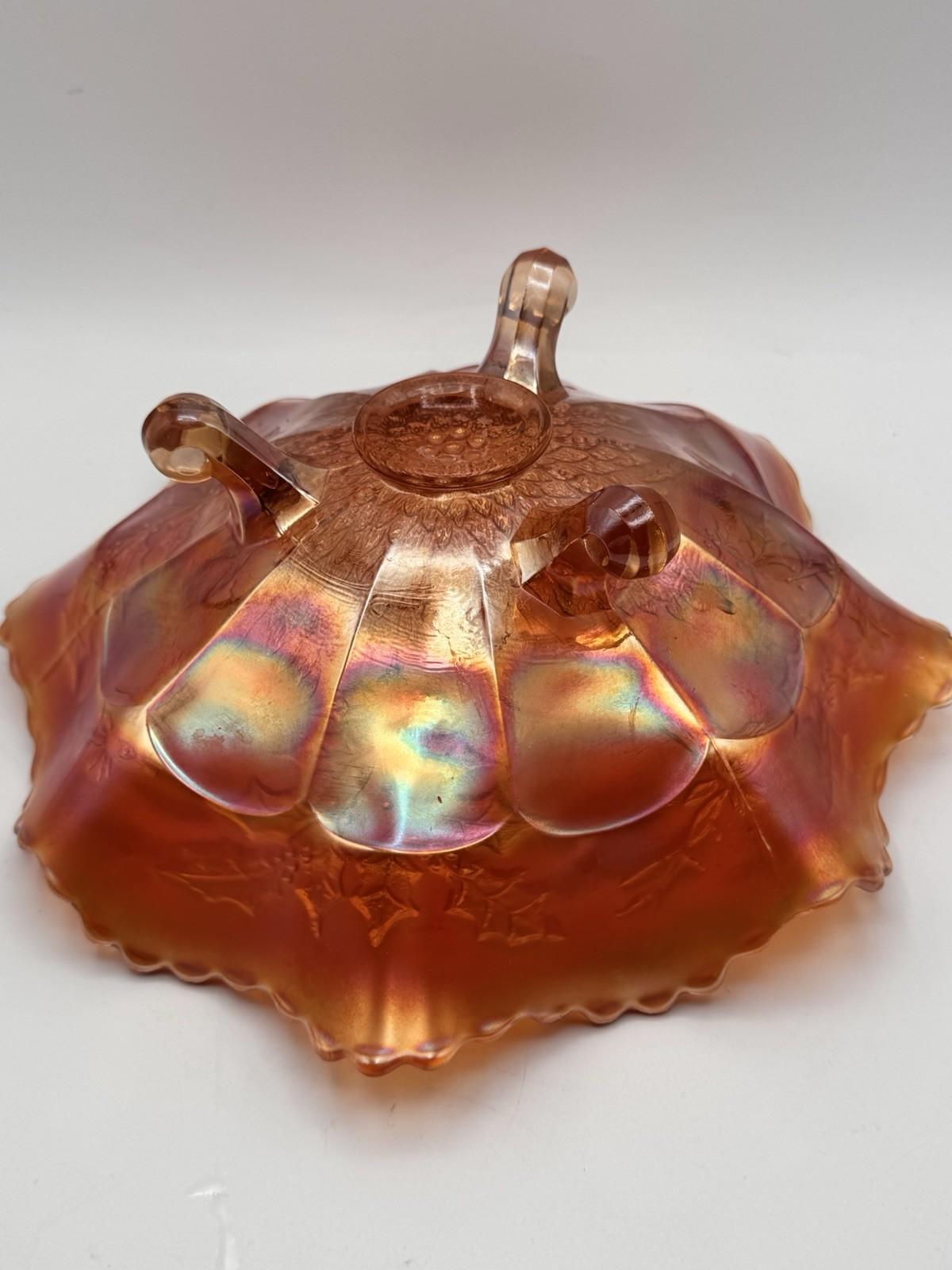 Vintage Fenton Marigold Stag & Holly Carnival Glass Footed Bow 11” X 4”