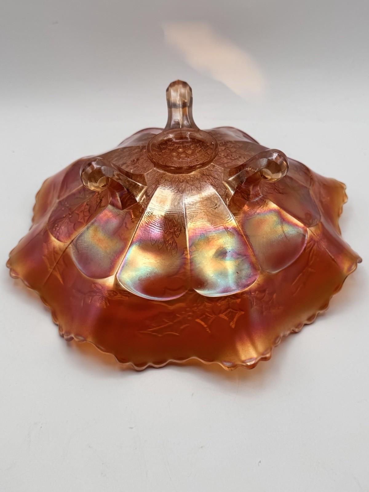 Vintage Fenton Marigold Stag & Holly Carnival Glass Footed Bow 11” X 4”