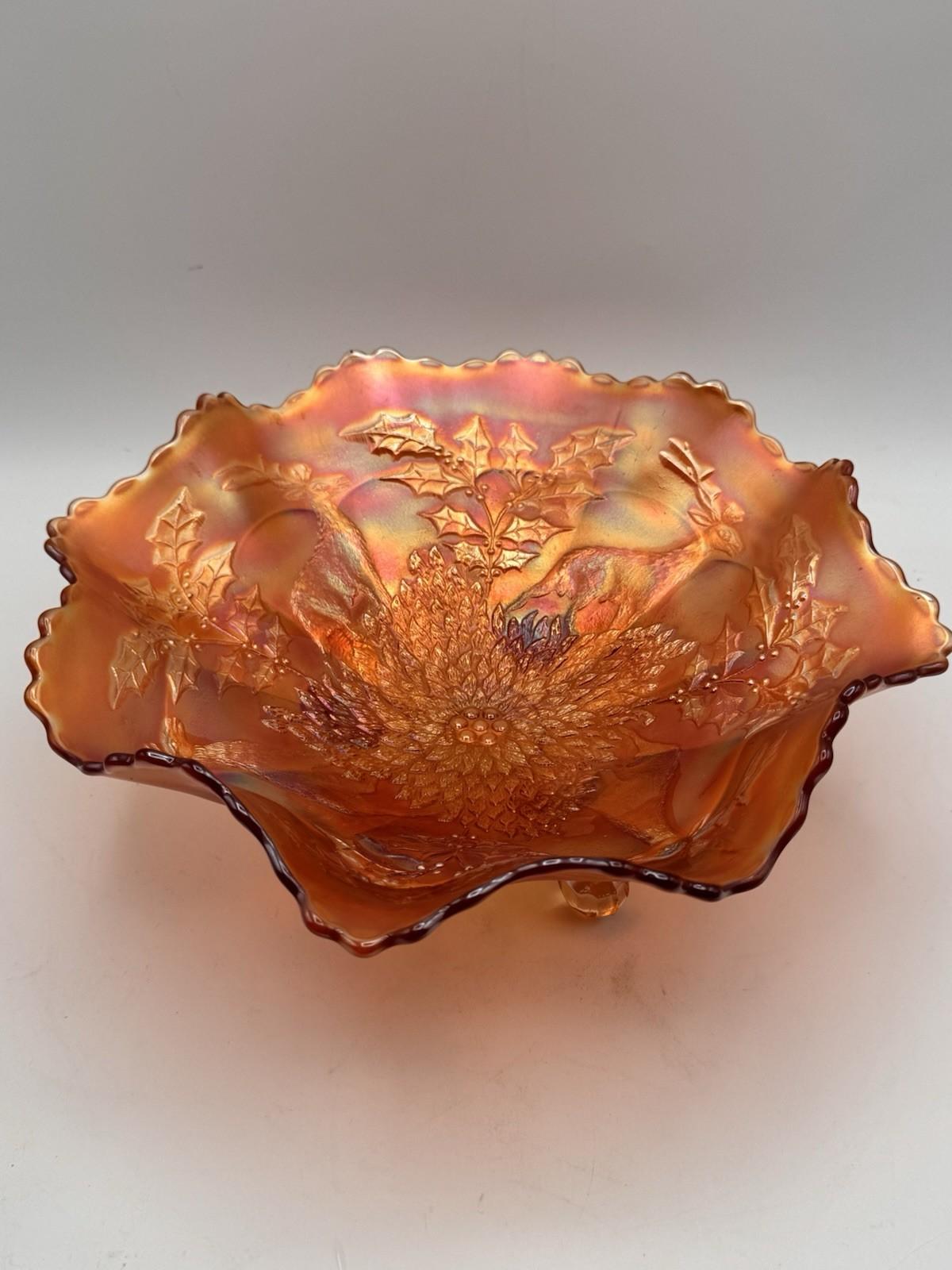 Vintage Fenton Marigold Stag & Holly Carnival Glass Footed Bow 11” X 4”