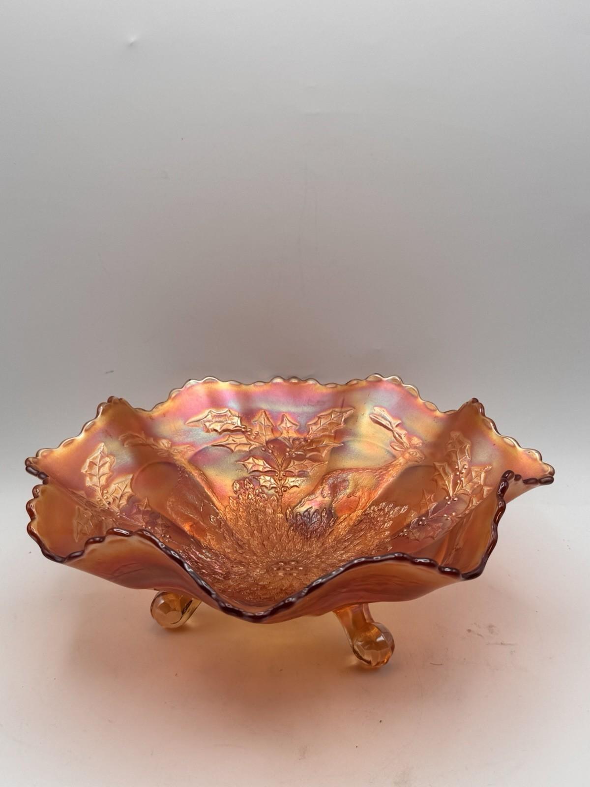 Vintage Fenton Marigold Stag & Holly Carnival Glass Footed Bow 11” X 4”