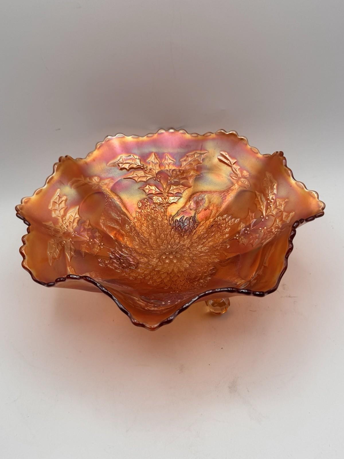 Vintage Fenton Marigold Stag & Holly Carnival Glass Footed Bow 11” X 4”