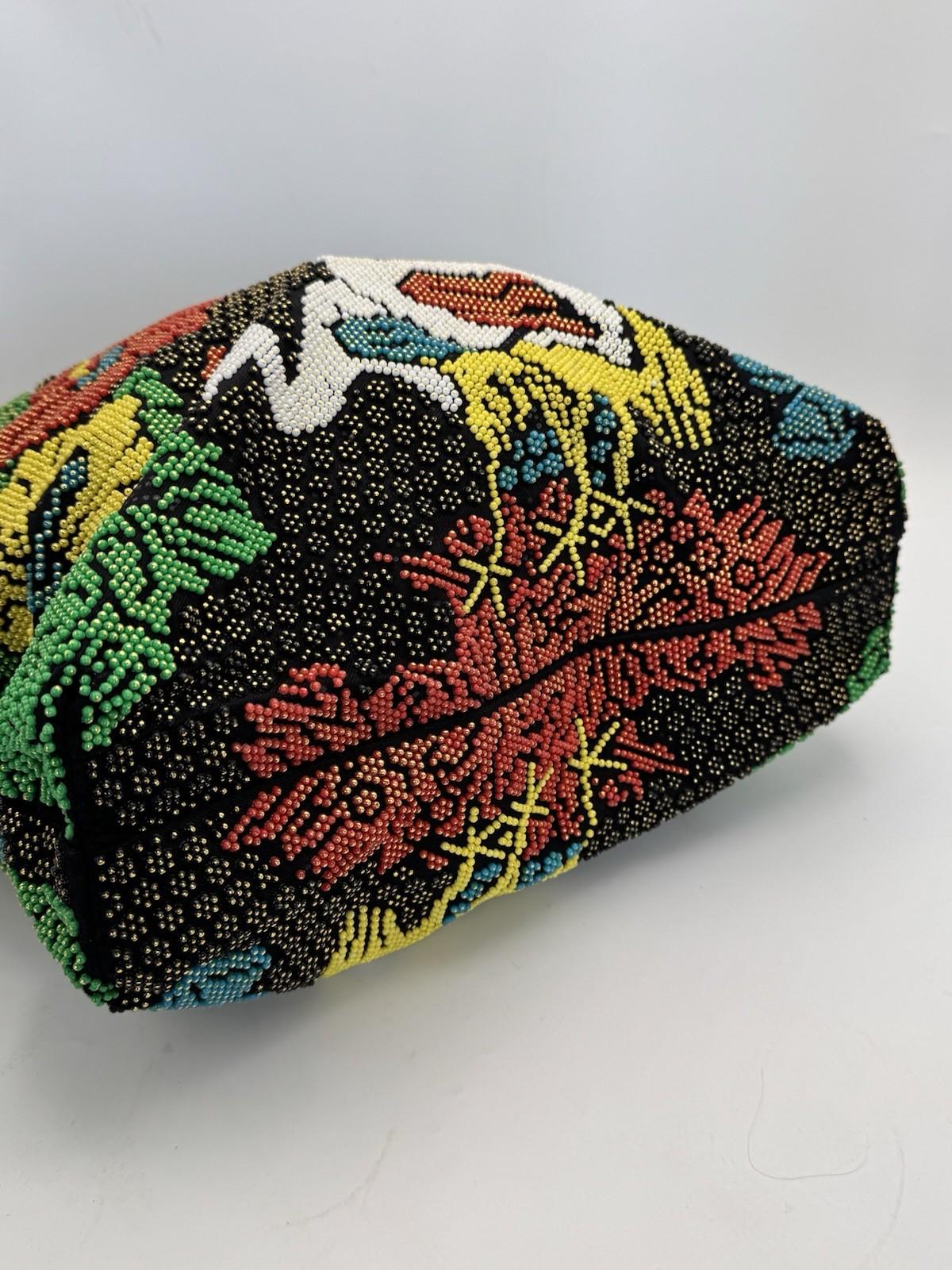 Vintage Beaded Stork Tote Handbag Floral Garden Seed Bead Black Handle AS IS‼️