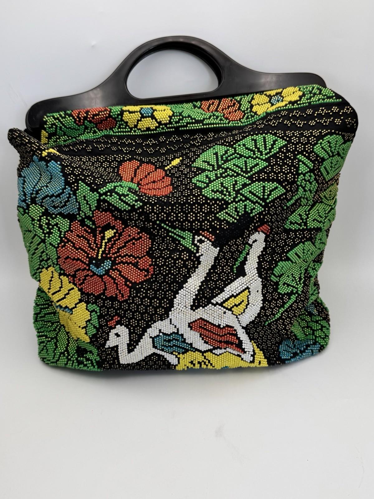 Vintage Beaded Stork Tote Handbag Floral Garden Seed Bead Black Handle AS IS‼️