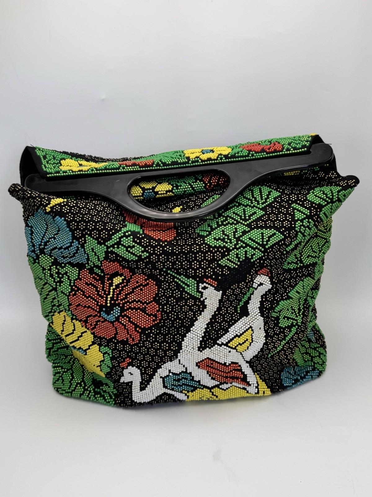 Vintage Beaded Stork Tote Handbag Floral Garden Seed Bead Black Handle AS IS‼️