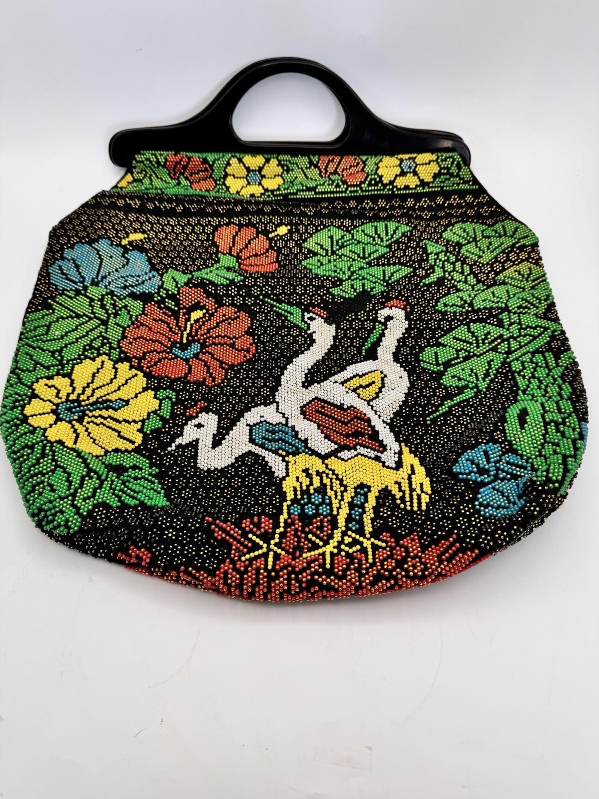 Vintage Beaded Stork Tote Handbag Floral Garden Seed Bead Black Handle AS IS‼️