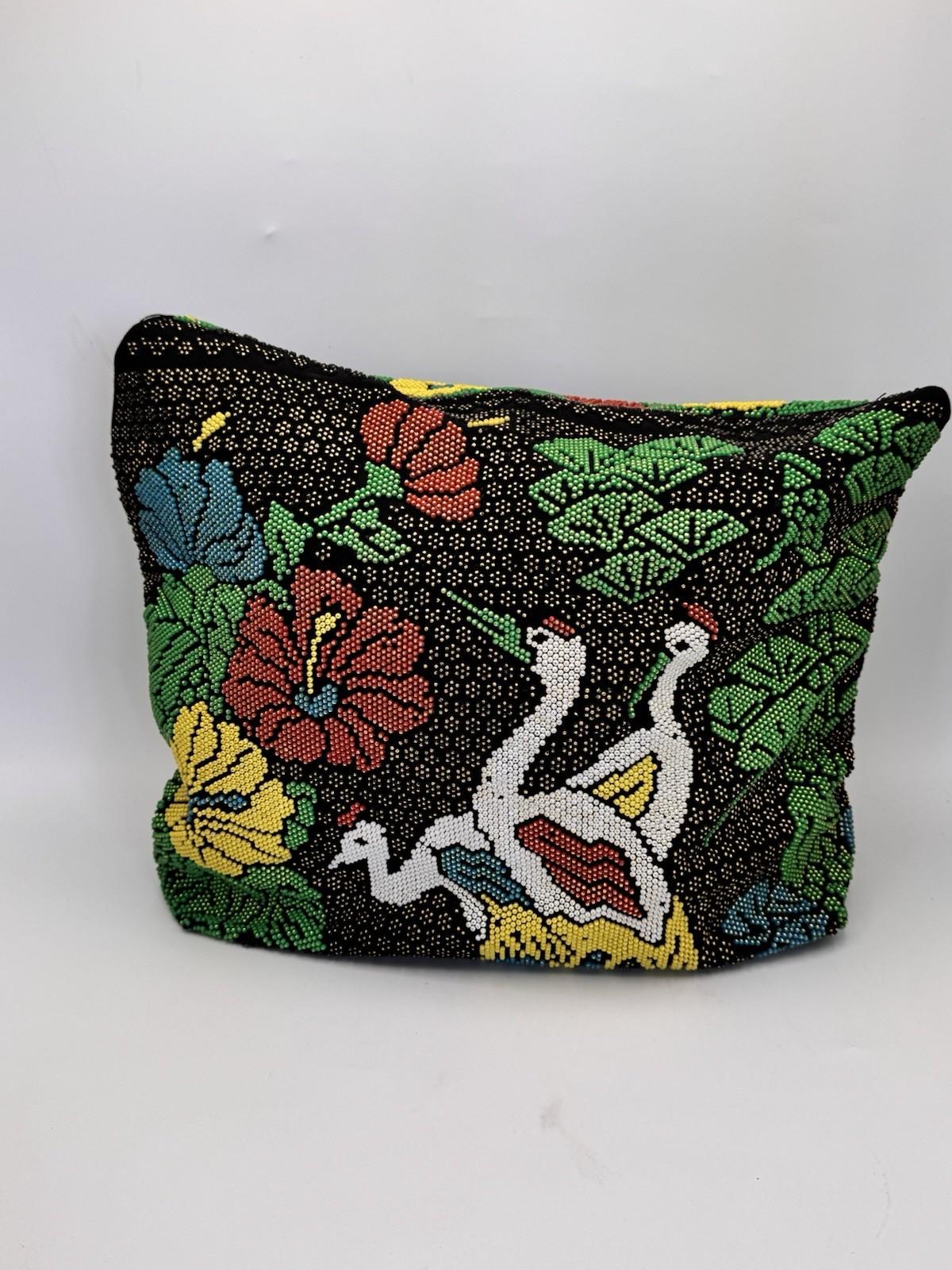 Vintage Beaded Stork Tote Handbag Floral Garden Seed Bead Black Handle AS IS‼️