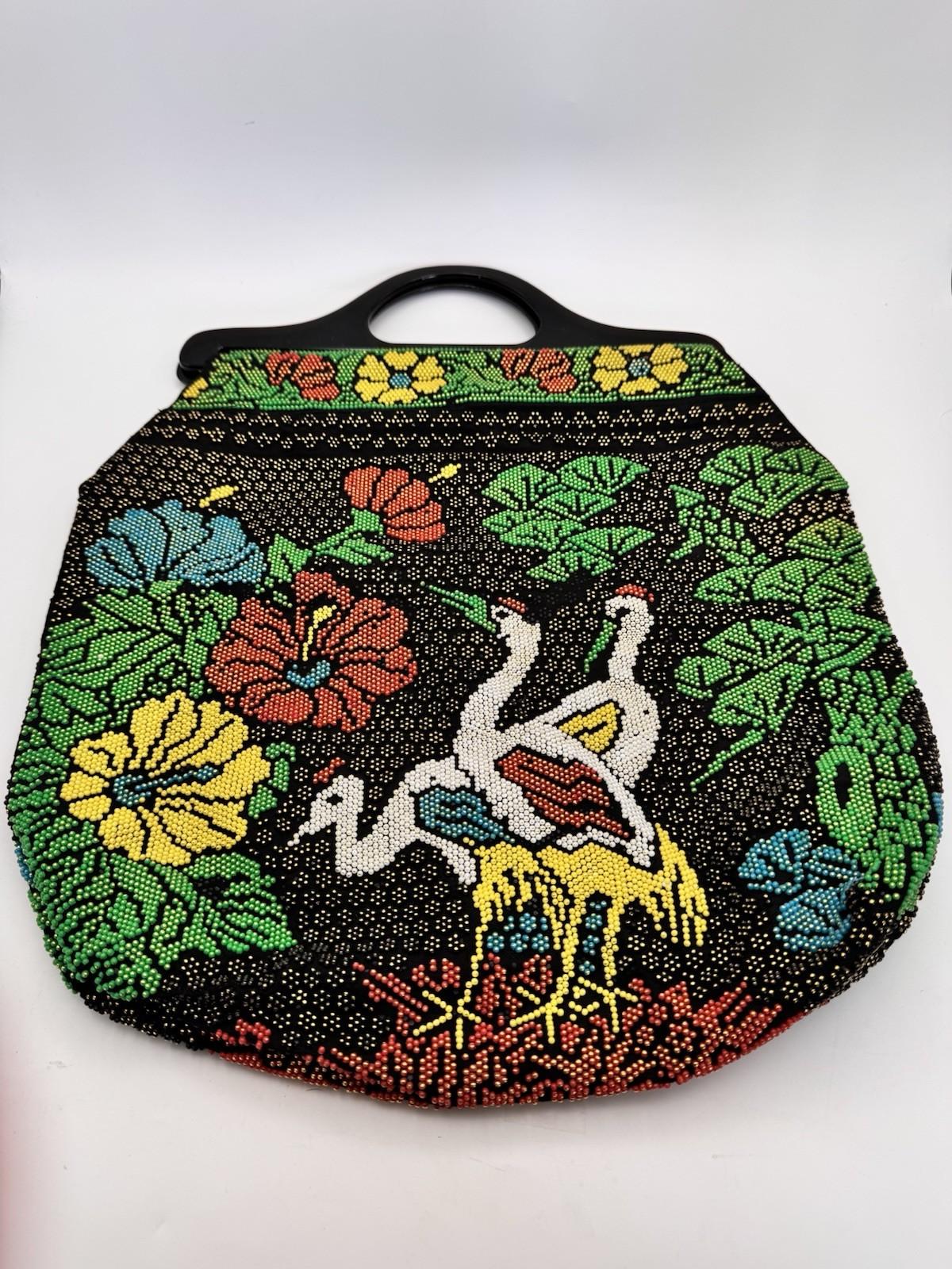 Vintage Beaded Stork Tote Handbag Floral Garden Seed Bead Black Handle AS IS‼️