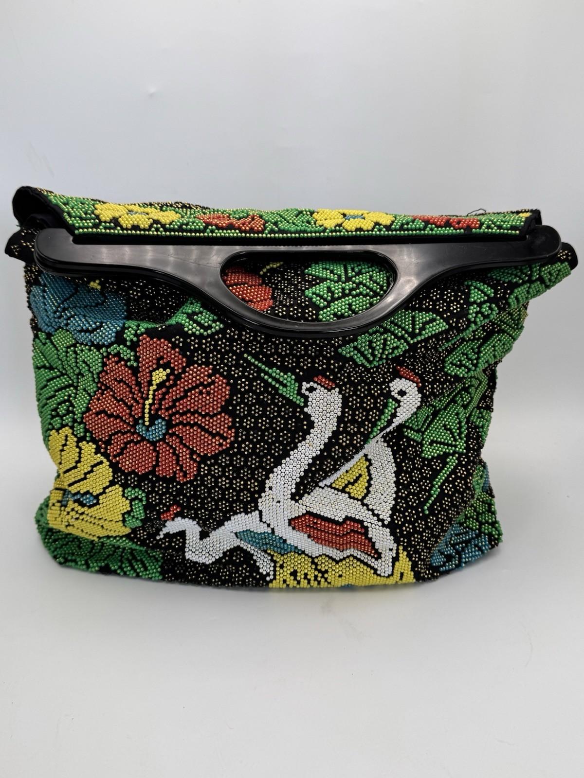 Vintage Beaded Stork Tote Handbag Floral Garden Seed Bead Black Handle AS IS‼️