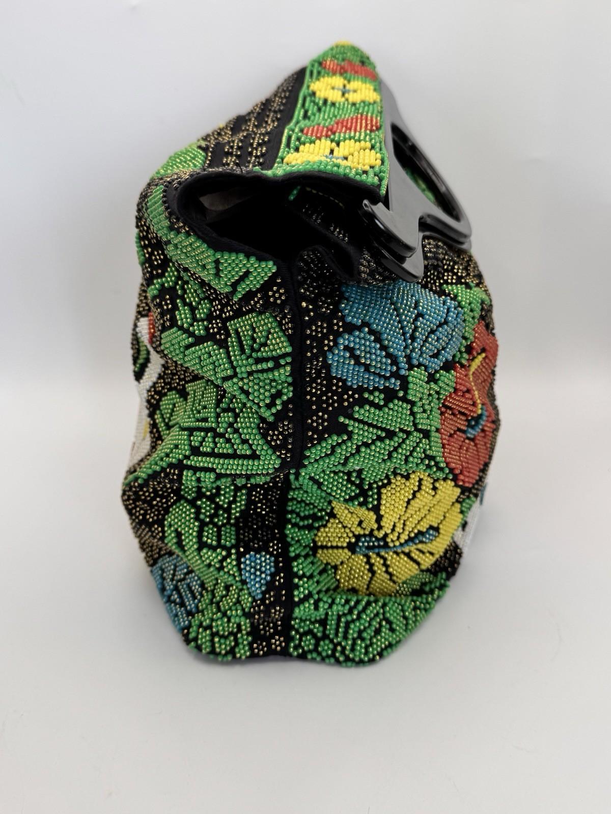 Vintage Beaded Stork Tote Handbag Floral Garden Seed Bead Black Handle AS IS‼️