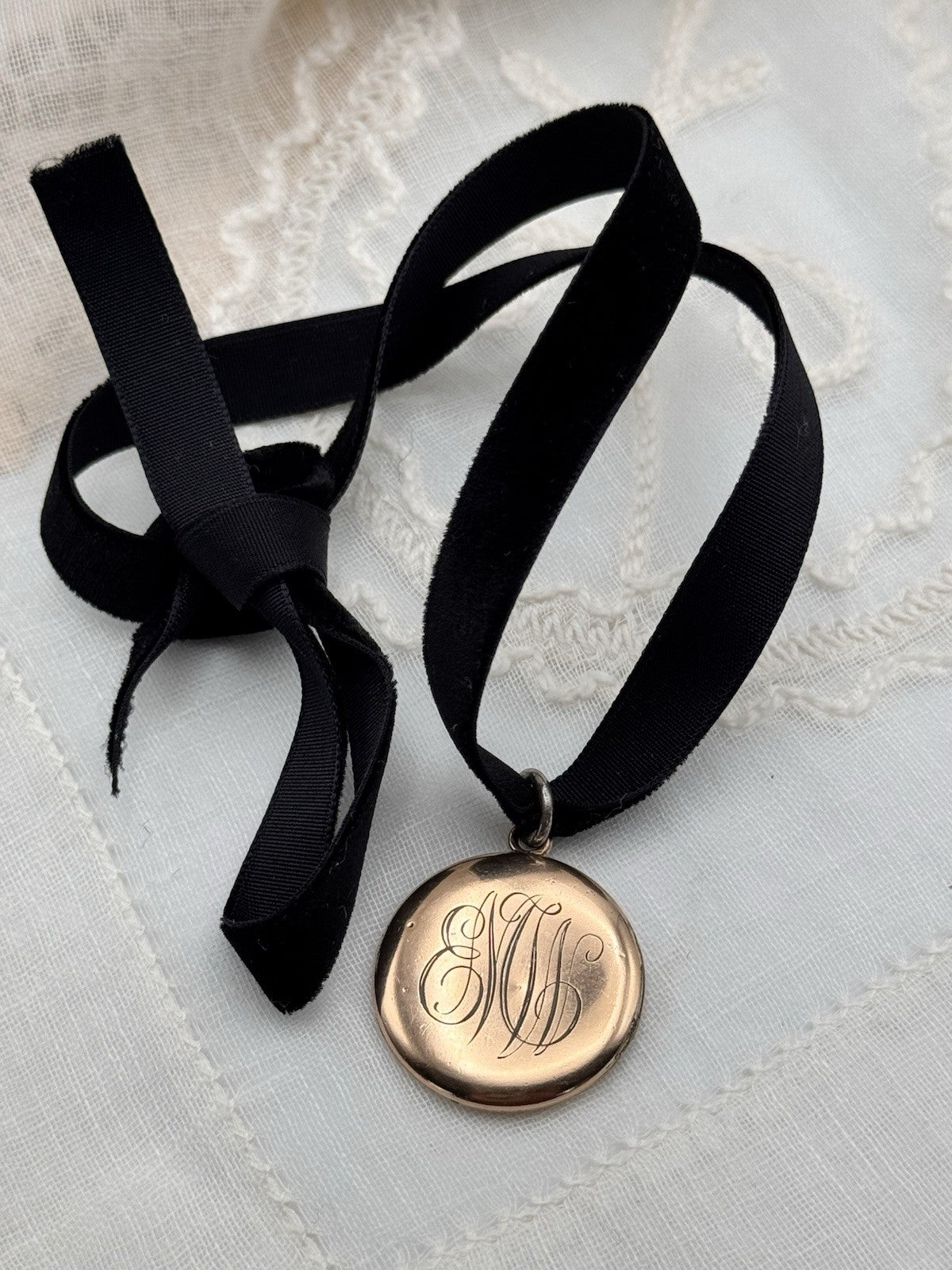 Antique Gold Filled Locket Monogrammed Double Sided Black Velvet Ribbon