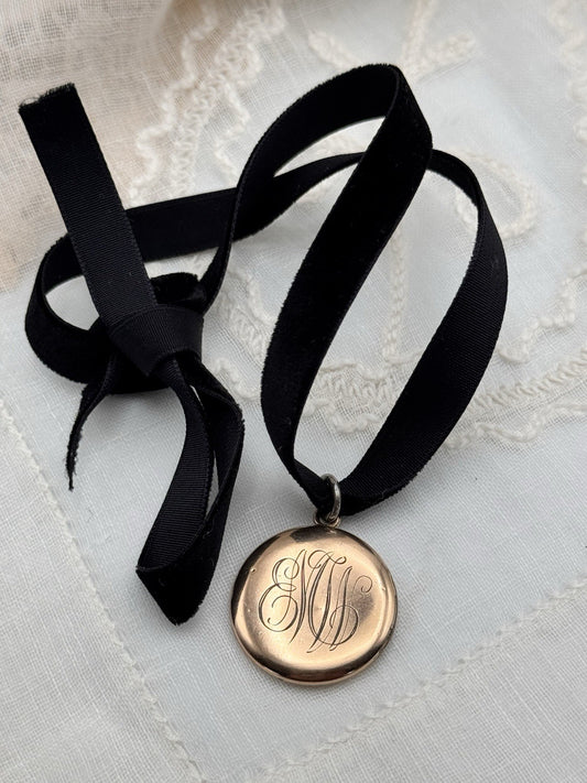 Antique Gold Filled Locket Monogrammed Double Sided Black Velvet Ribbon