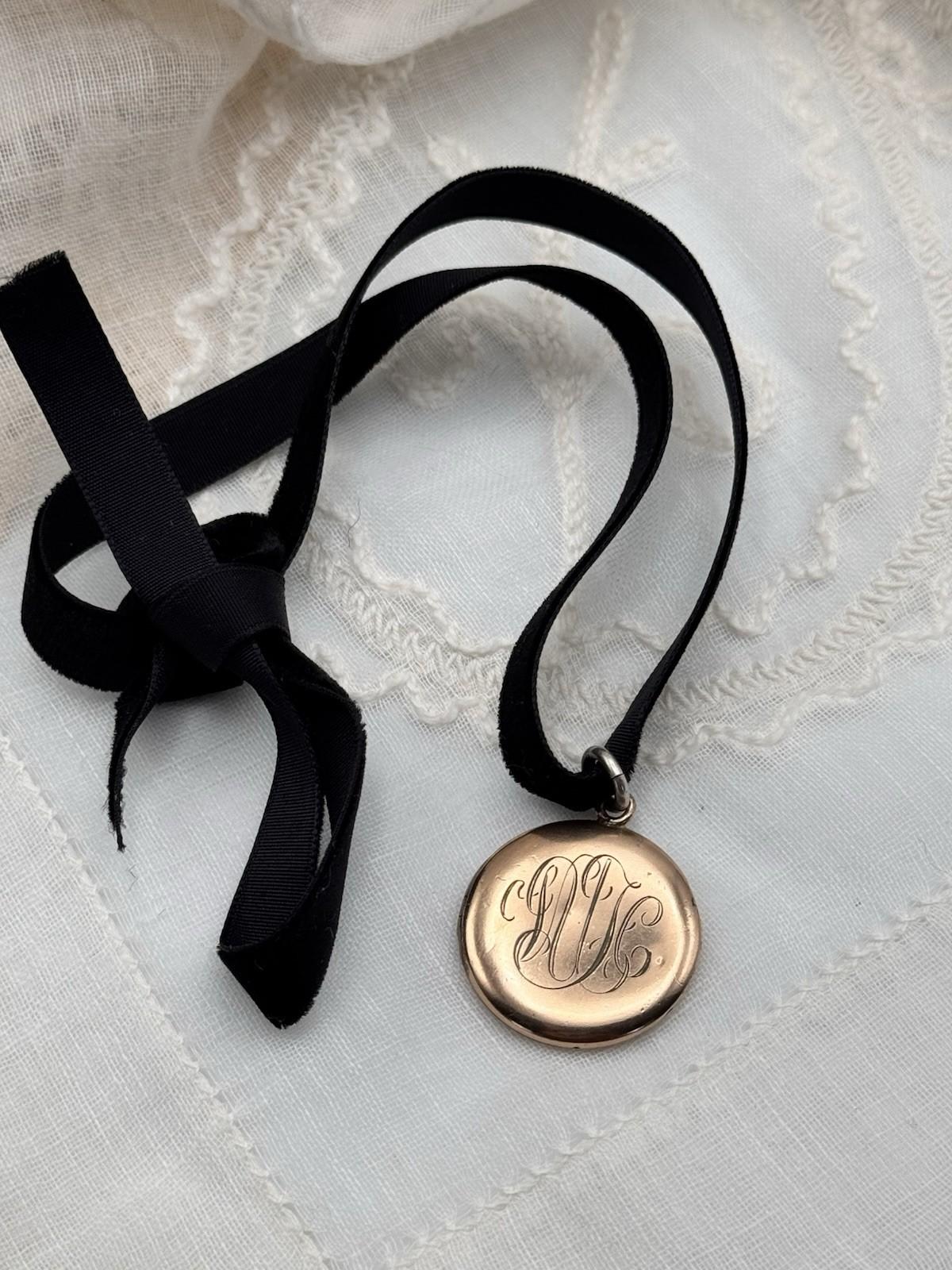 Antique Gold Filled Locket Monogrammed Double Sided Black Velvet Ribbon
