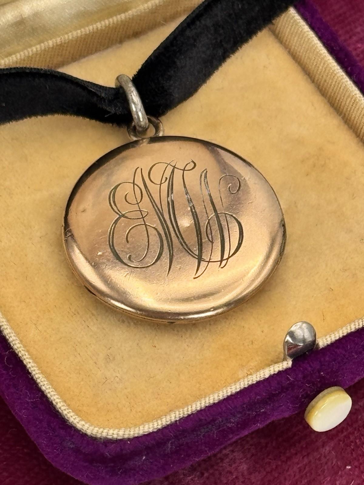 Antique Gold Filled Locket Monogrammed Double Sided Black Velvet Ribbon