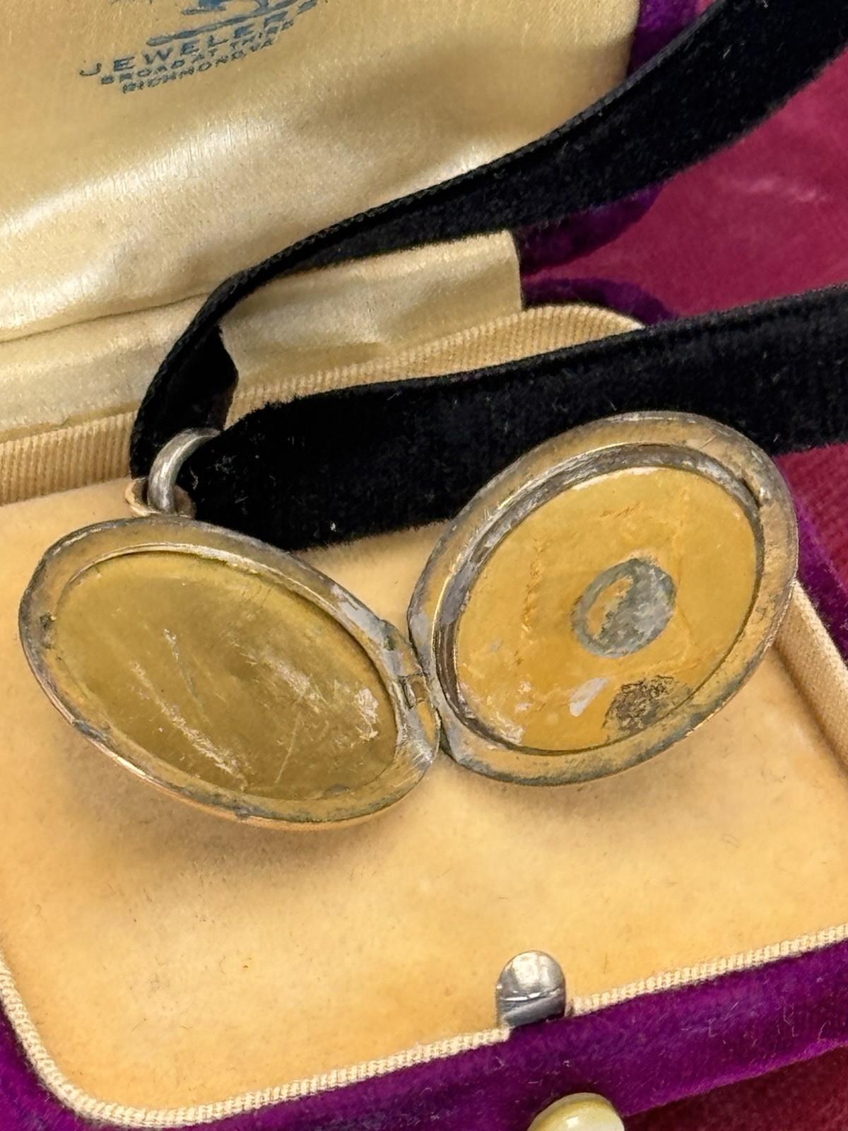 Antique Gold Filled Locket Monogrammed Double Sided Black Velvet Ribbon
