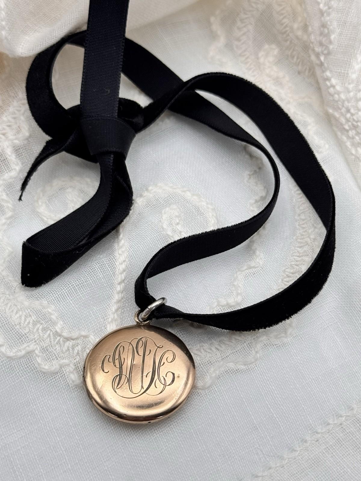 Antique Gold Filled Locket Monogrammed Double Sided Black Velvet Ribbon