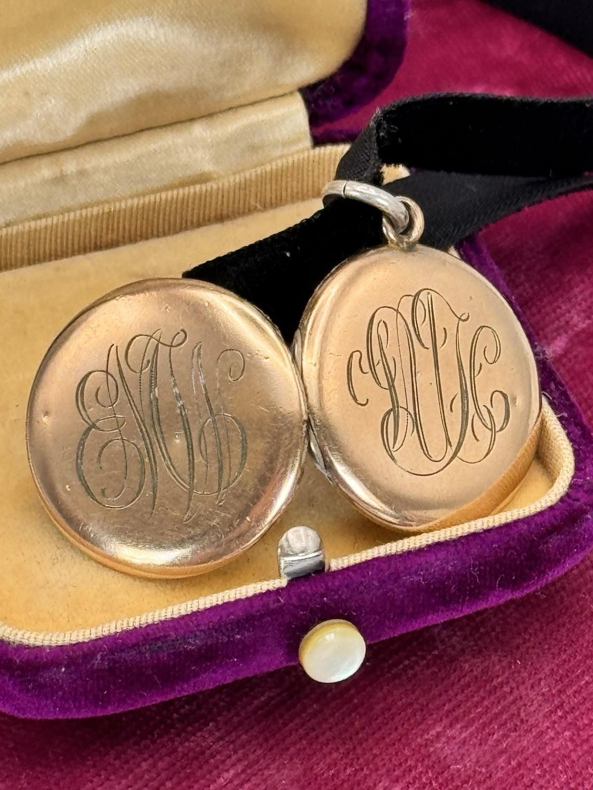 Antique Gold Filled Locket Monogrammed Double Sided Black Velvet Ribbon