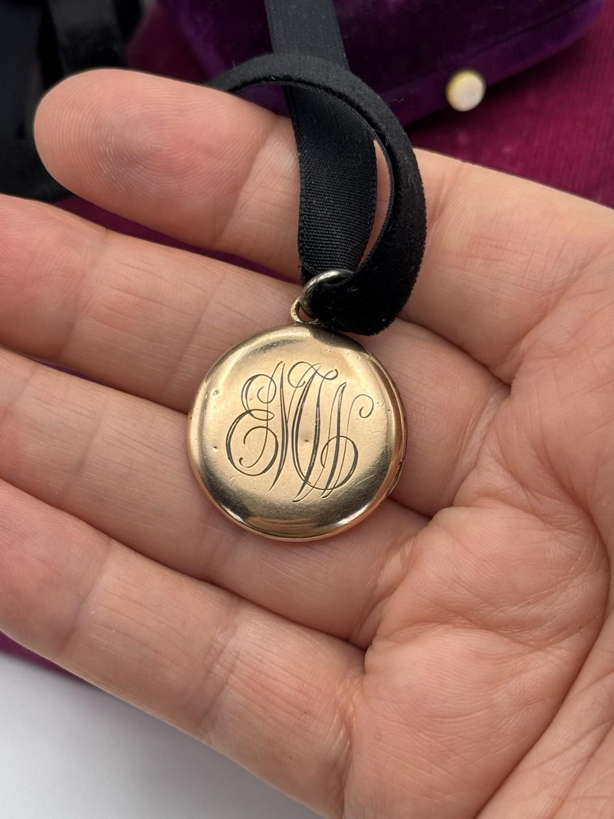 Antique Gold Filled Locket Monogrammed Double Sided Black Velvet Ribbon