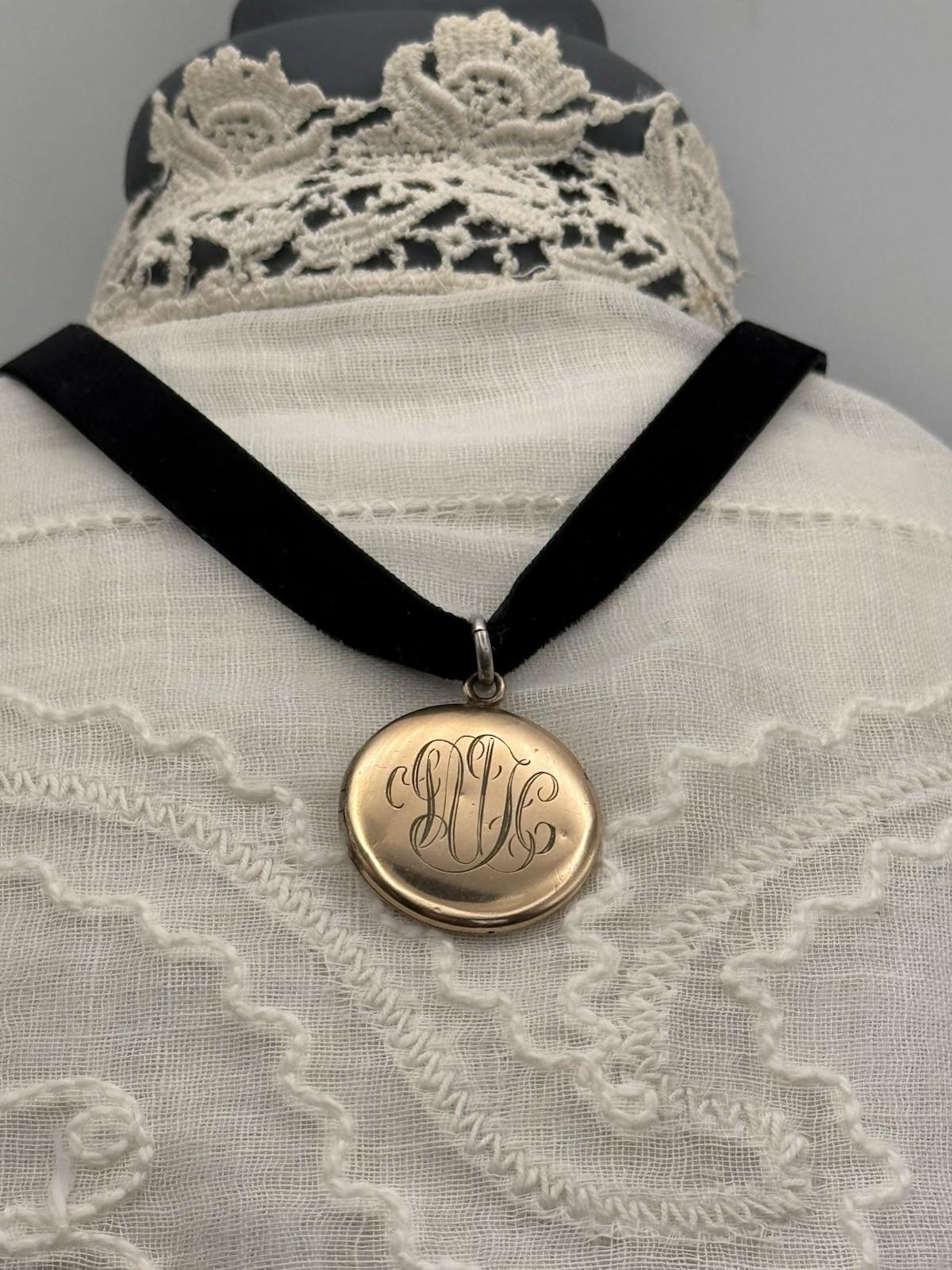 Antique Gold Filled Locket Monogrammed Double Sided Black Velvet Ribbon
