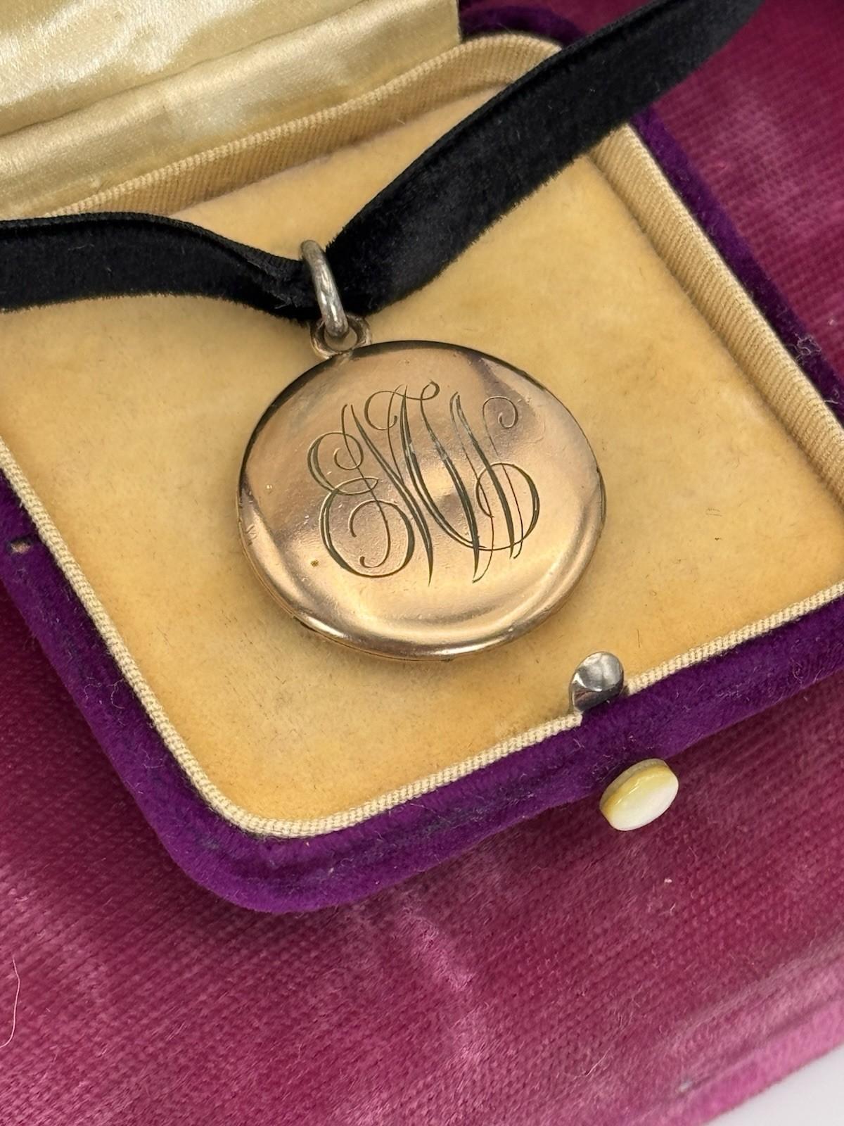 Antique Gold Filled Locket Monogrammed Double Sided Black Velvet Ribbon