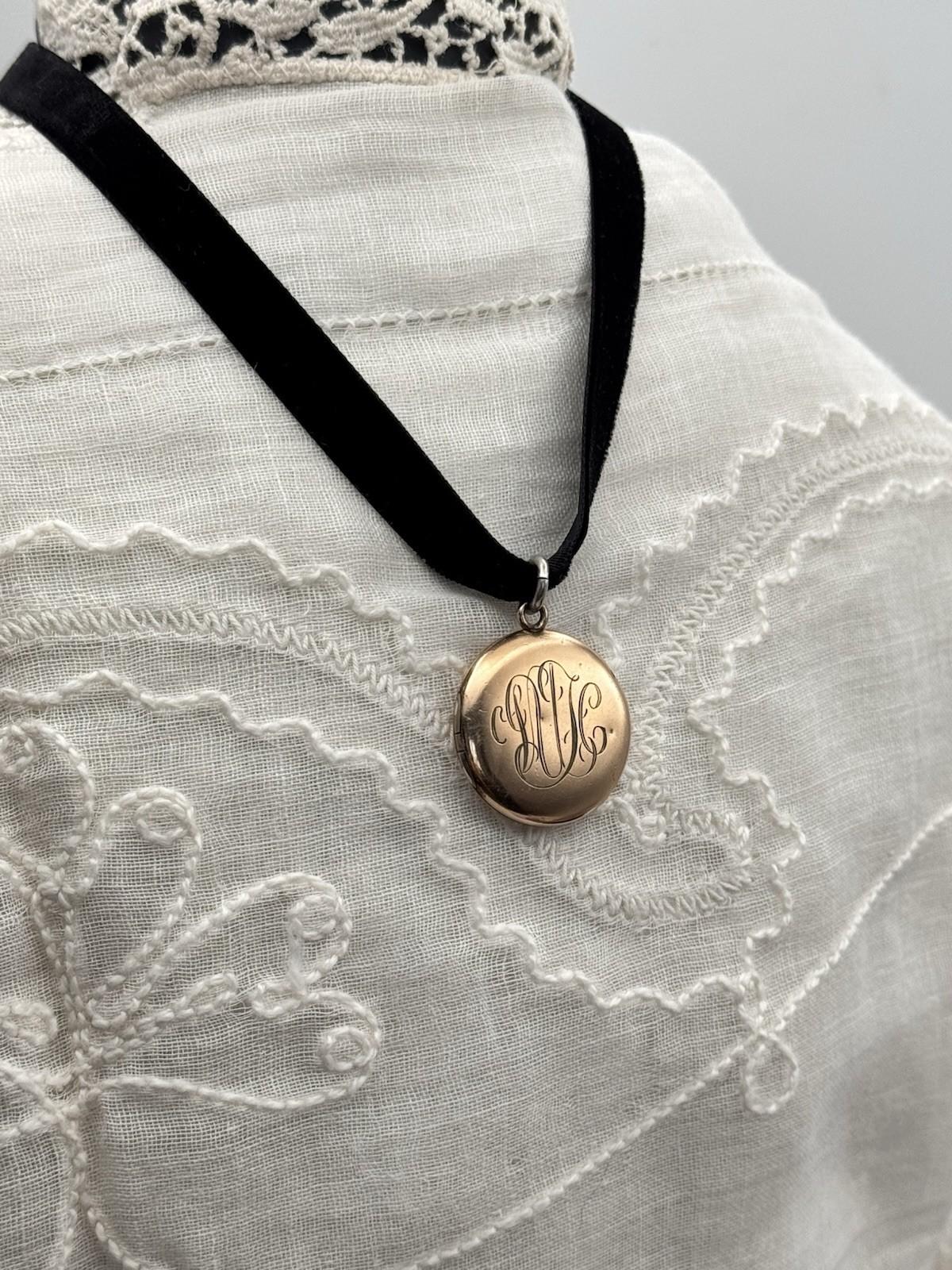 Antique Gold Filled Locket Monogrammed Double Sided Black Velvet Ribbon