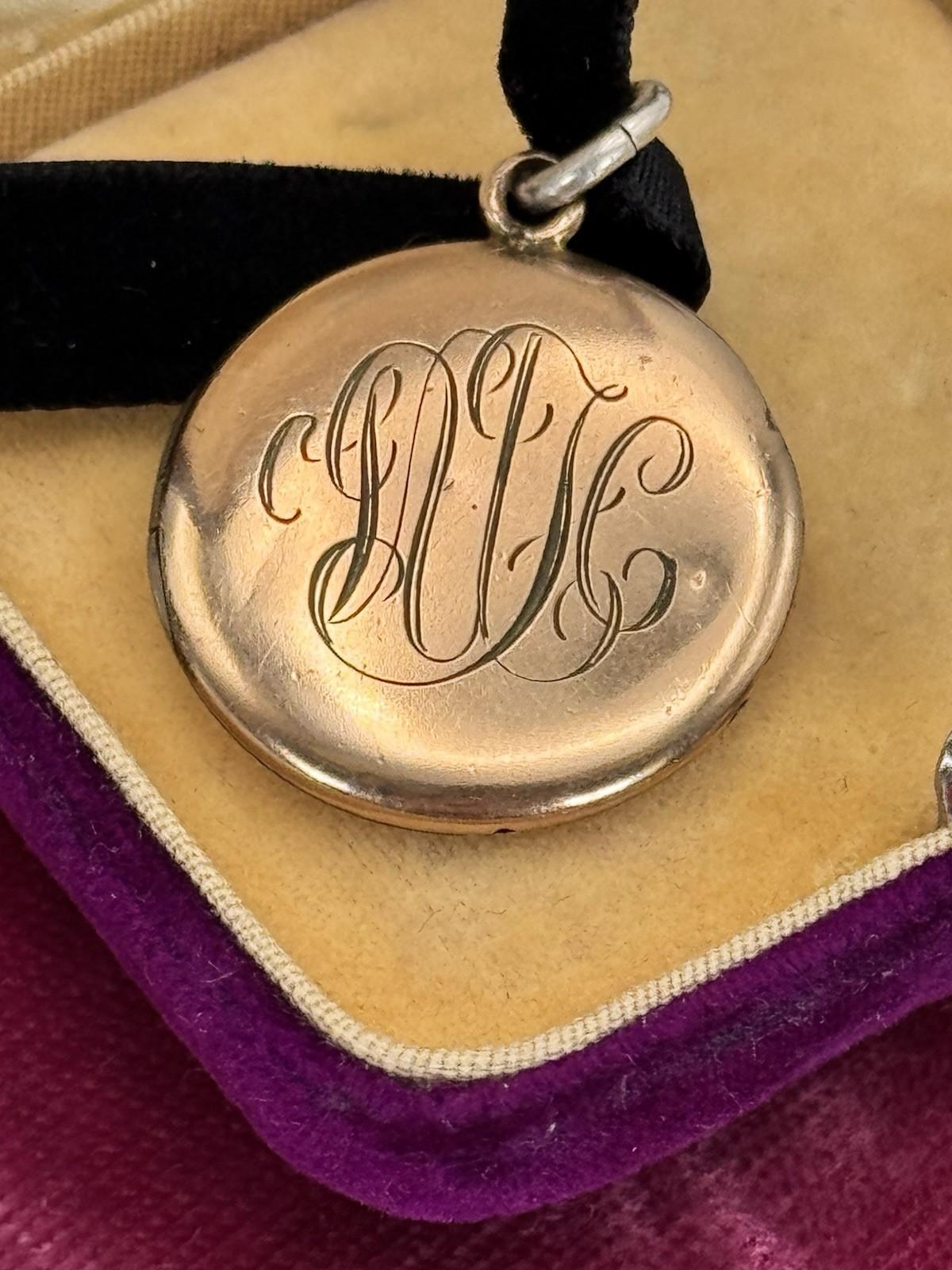 Antique Gold Filled Locket Monogrammed Double Sided Black Velvet Ribbon
