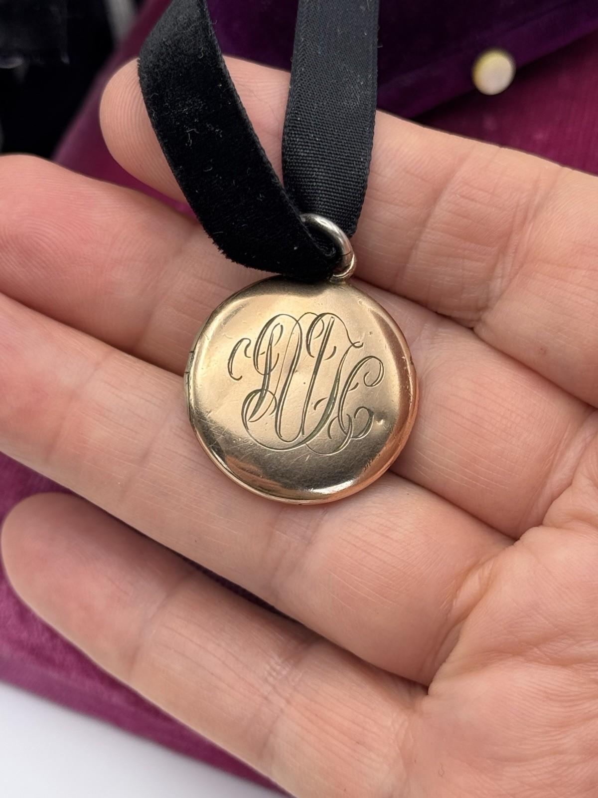 Antique Gold Filled Locket Monogrammed Double Sided Black Velvet Ribbon