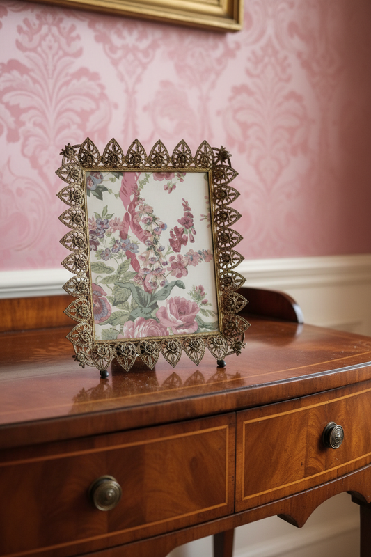 Vintage Photo Frame Rose Heart Vanity Frame Gilt Filigree 10x13 Fits 7.5x9.5