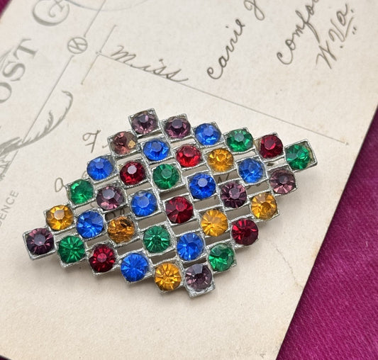 Vintage Rhinestone Brooch Czech Style Multicolor Lattice Geometric Statement