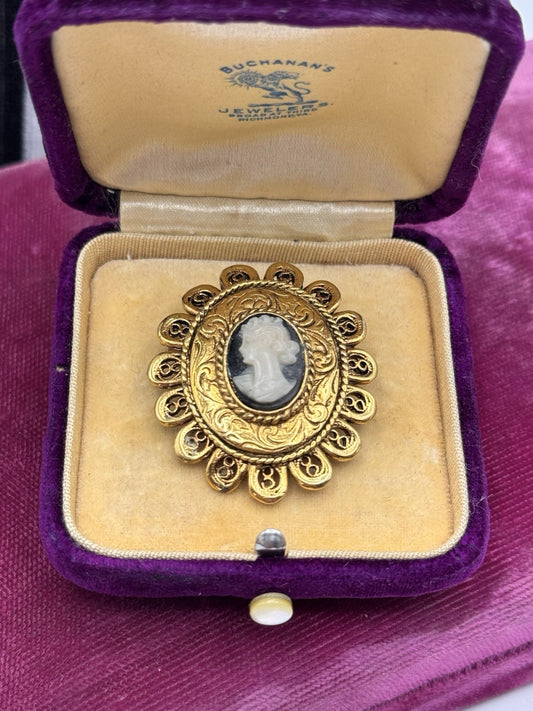 Vintage Blue Faux Cameo Brooch Pin Lady Portrait Goldtone Frame  1.25”