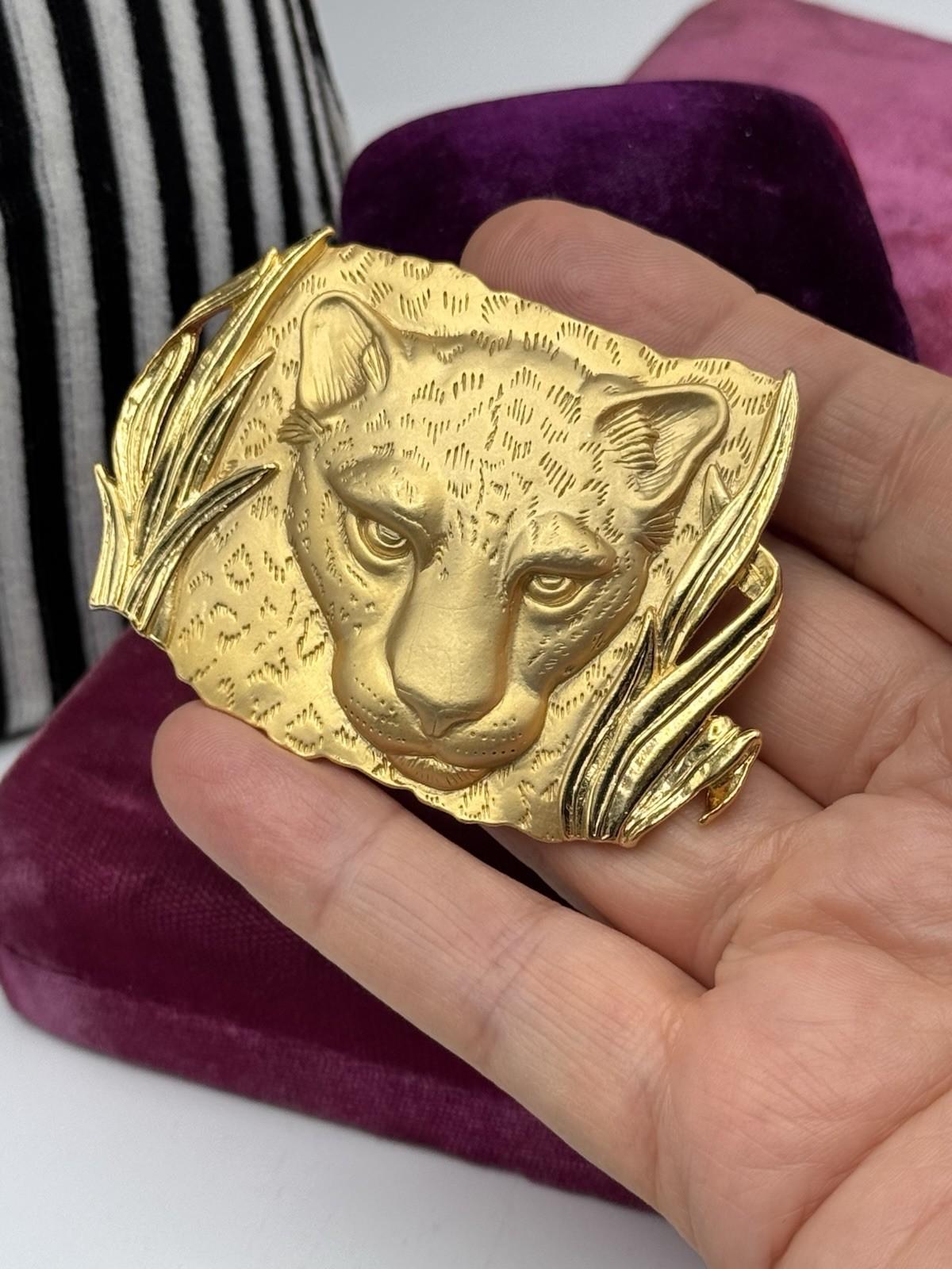 Vintage Cheetah Brooch Pendant Parklane Signed Convertible Goldtone 2.75”