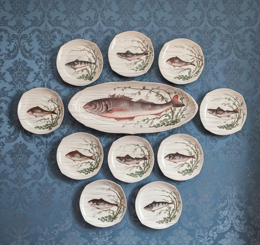 Antique Limoges Fish Plates Set with Large Platter by O. Gutherz - Platter 24.75” Plates 9”