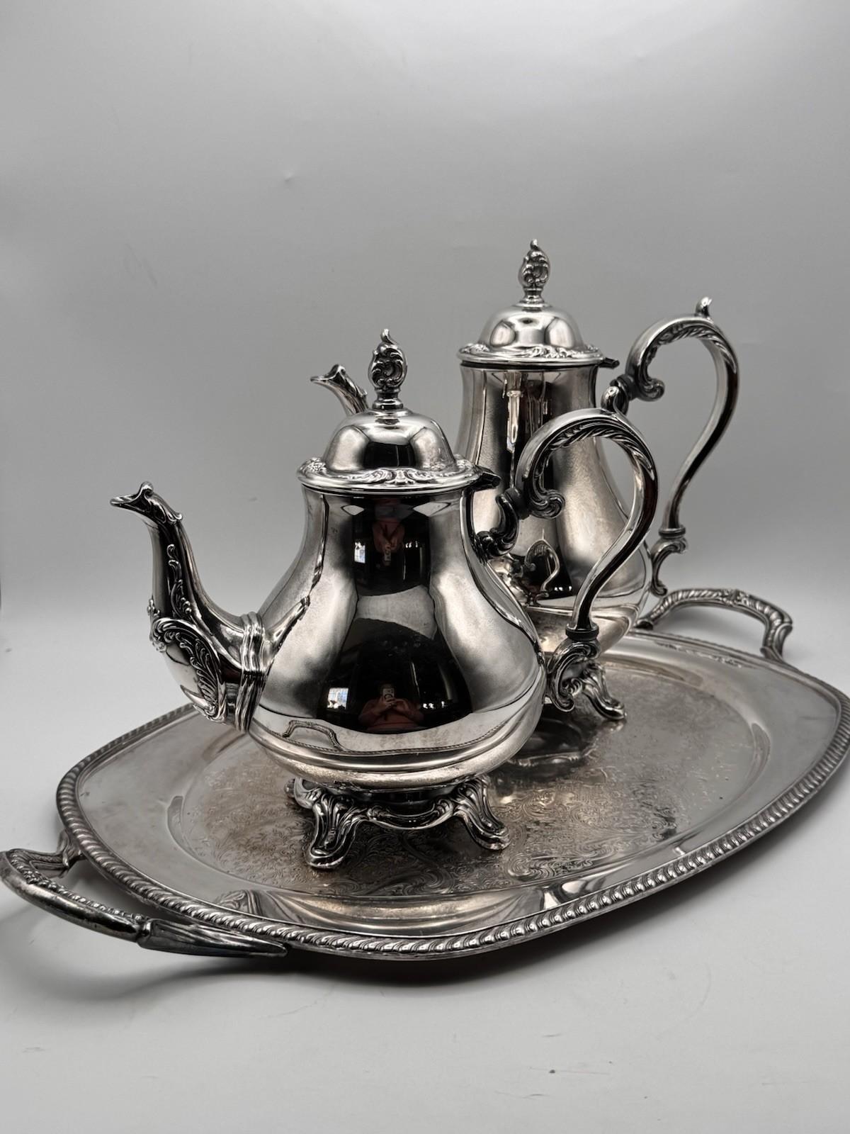 Vintage Silverplate Tea Coffee Set Wm Rogers Son 3 Piece Tray Service
