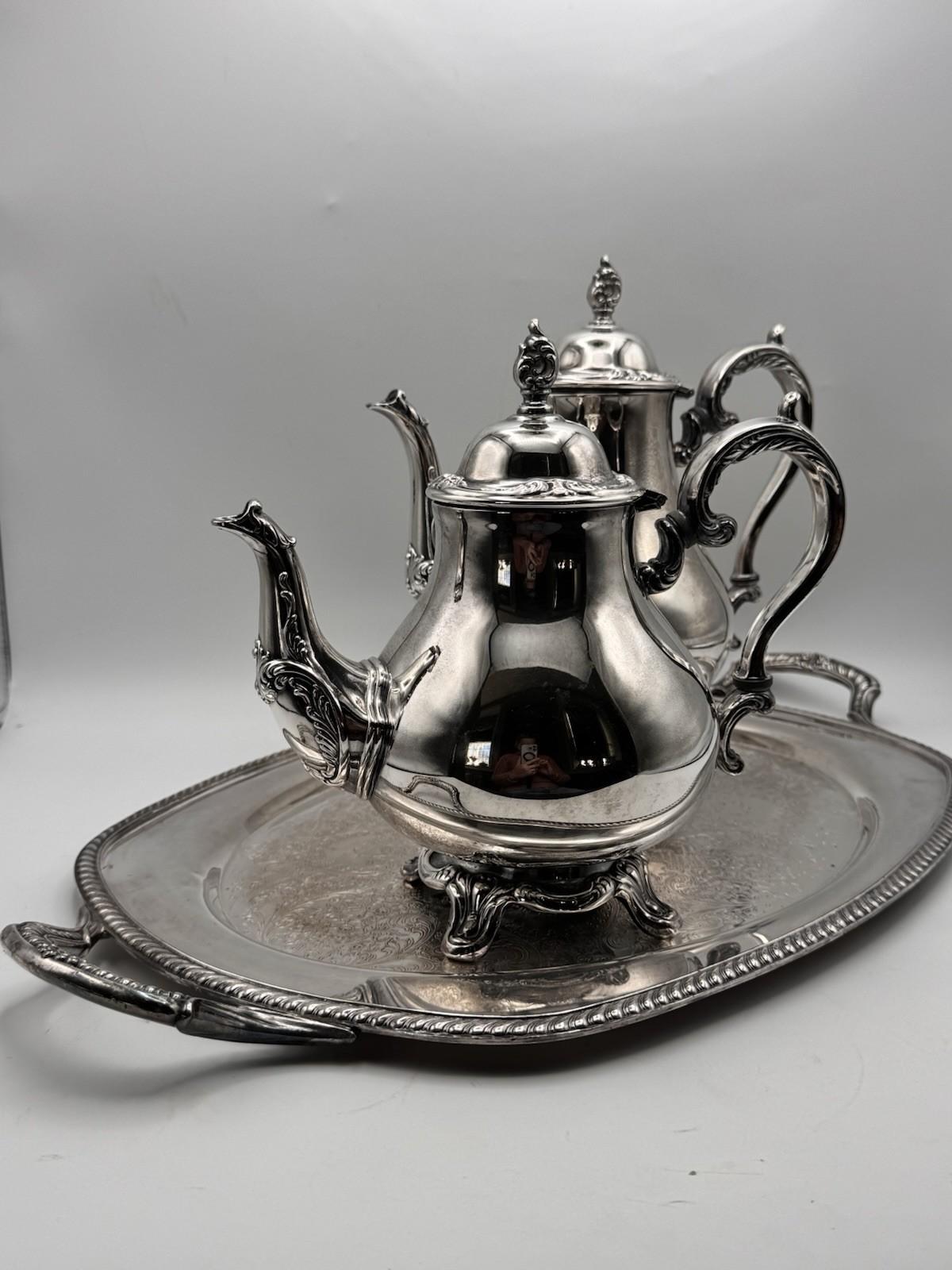 Vintage Silverplate Tea Coffee Set Wm Rogers Son 3 Piece Tray Service