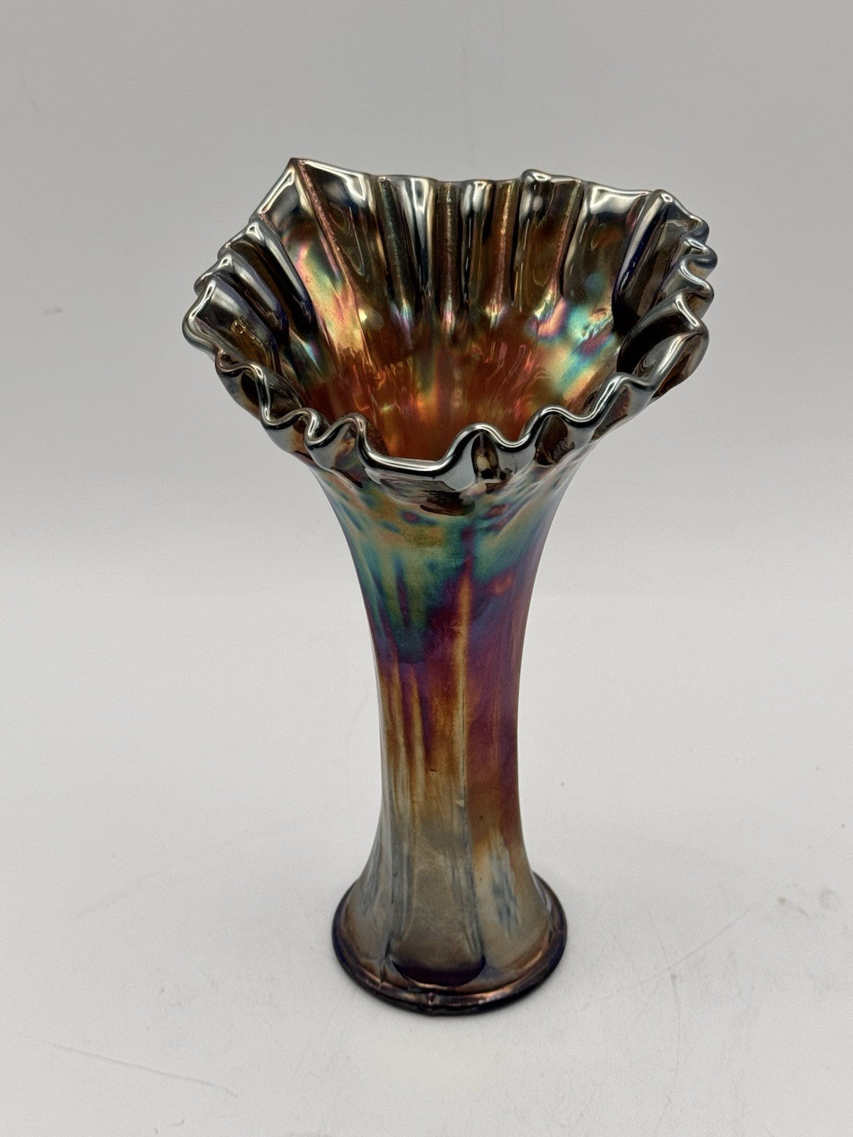 Vintage Carnival Glass Vase Iridescent Ruffled Rim Blue Interior 8”
